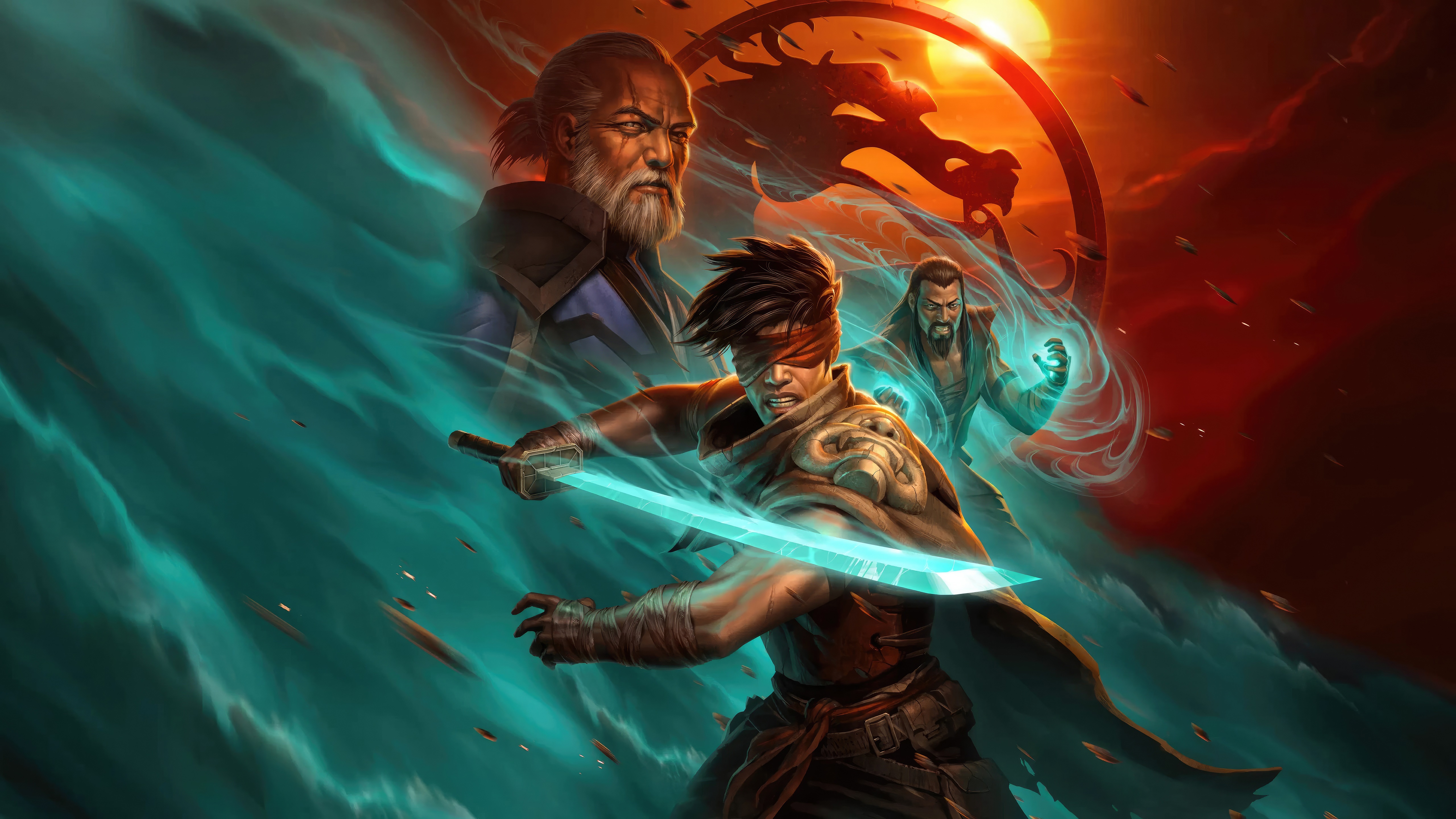 Mortal Kombat characters with glowing swords and magic HD Wallpaper