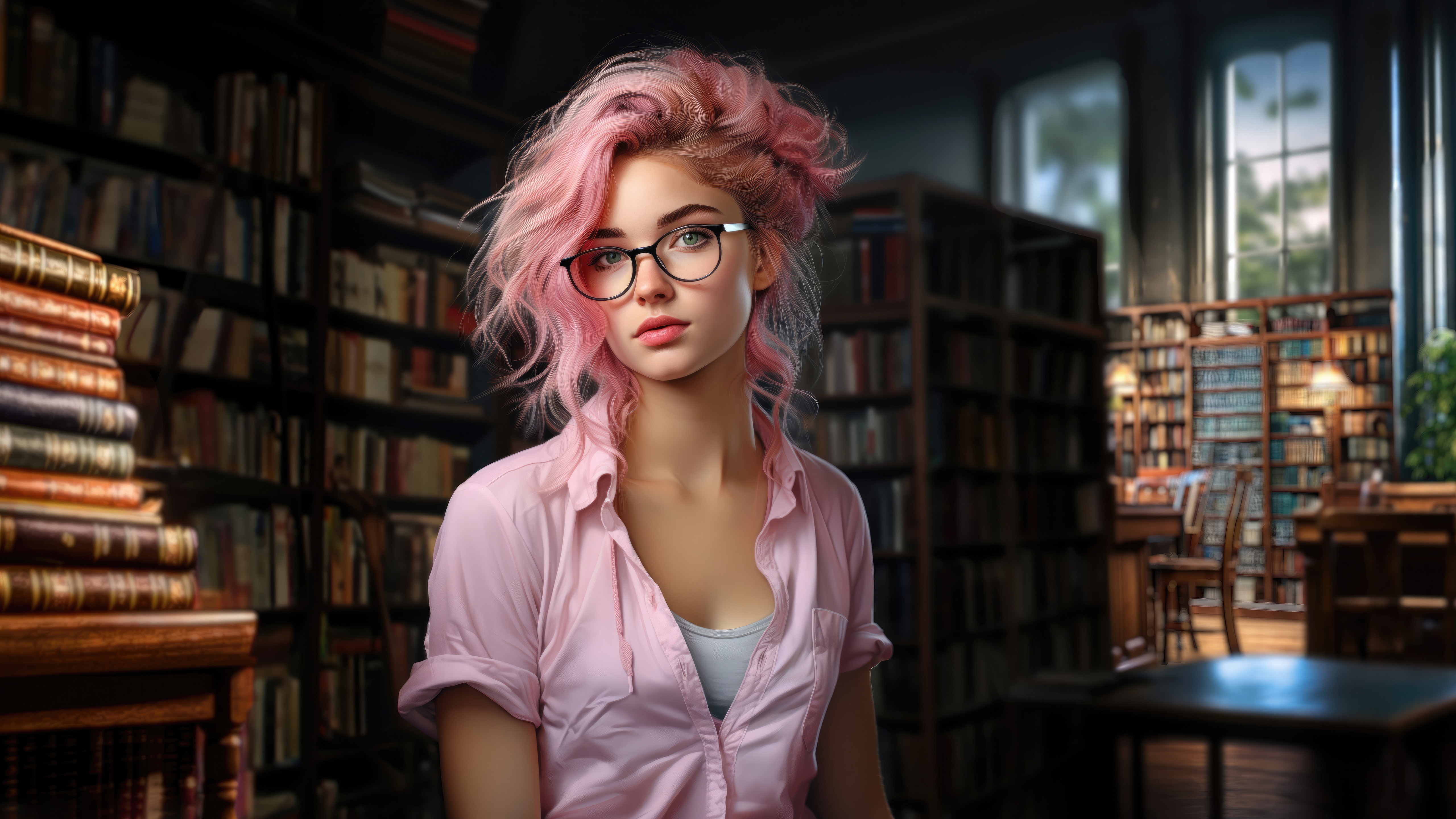 AI girl with pink hair in a library HD Wallpaper