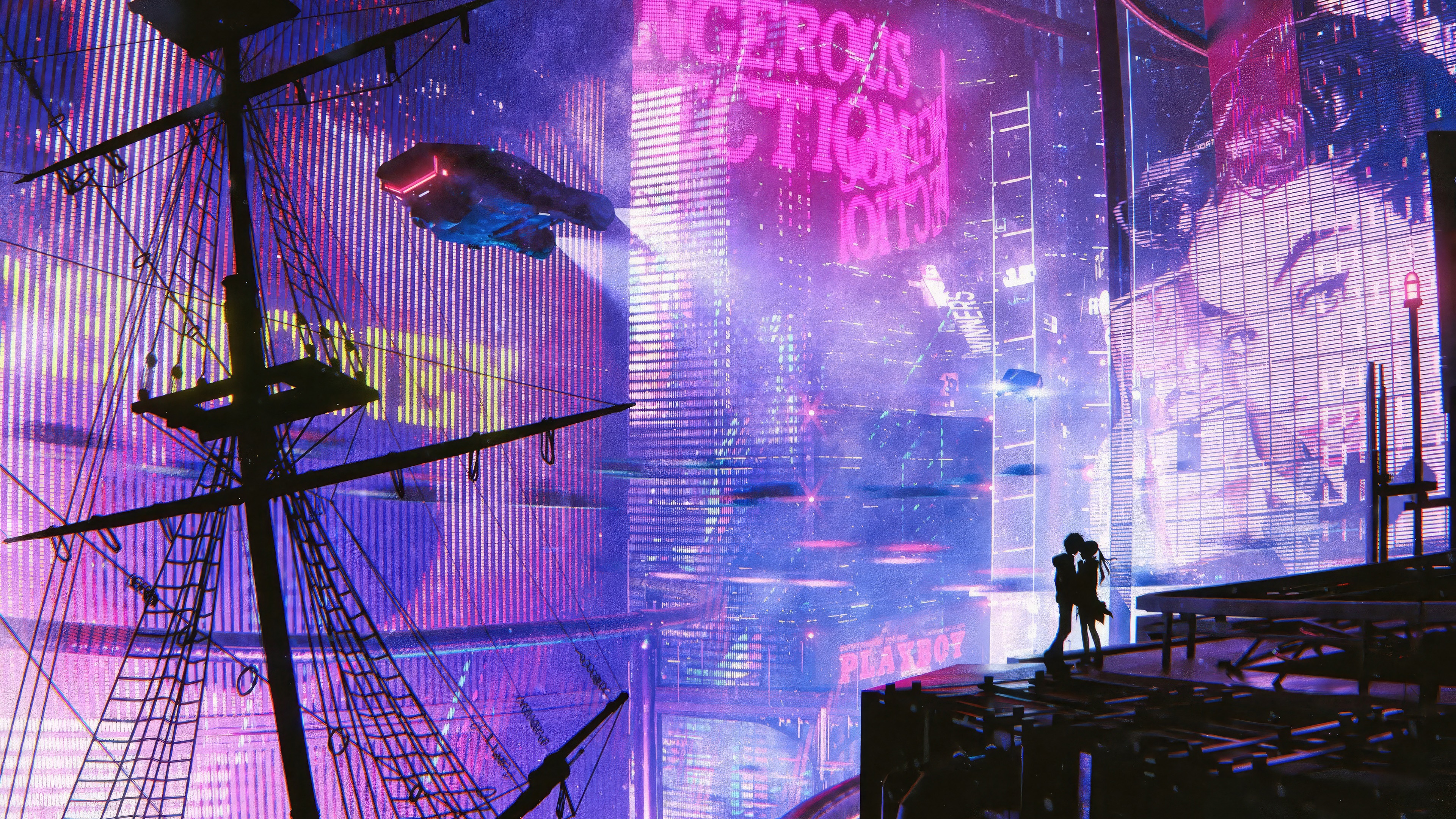 Couple kissing in a futuristic city with a pirate ship HD Wallpaper