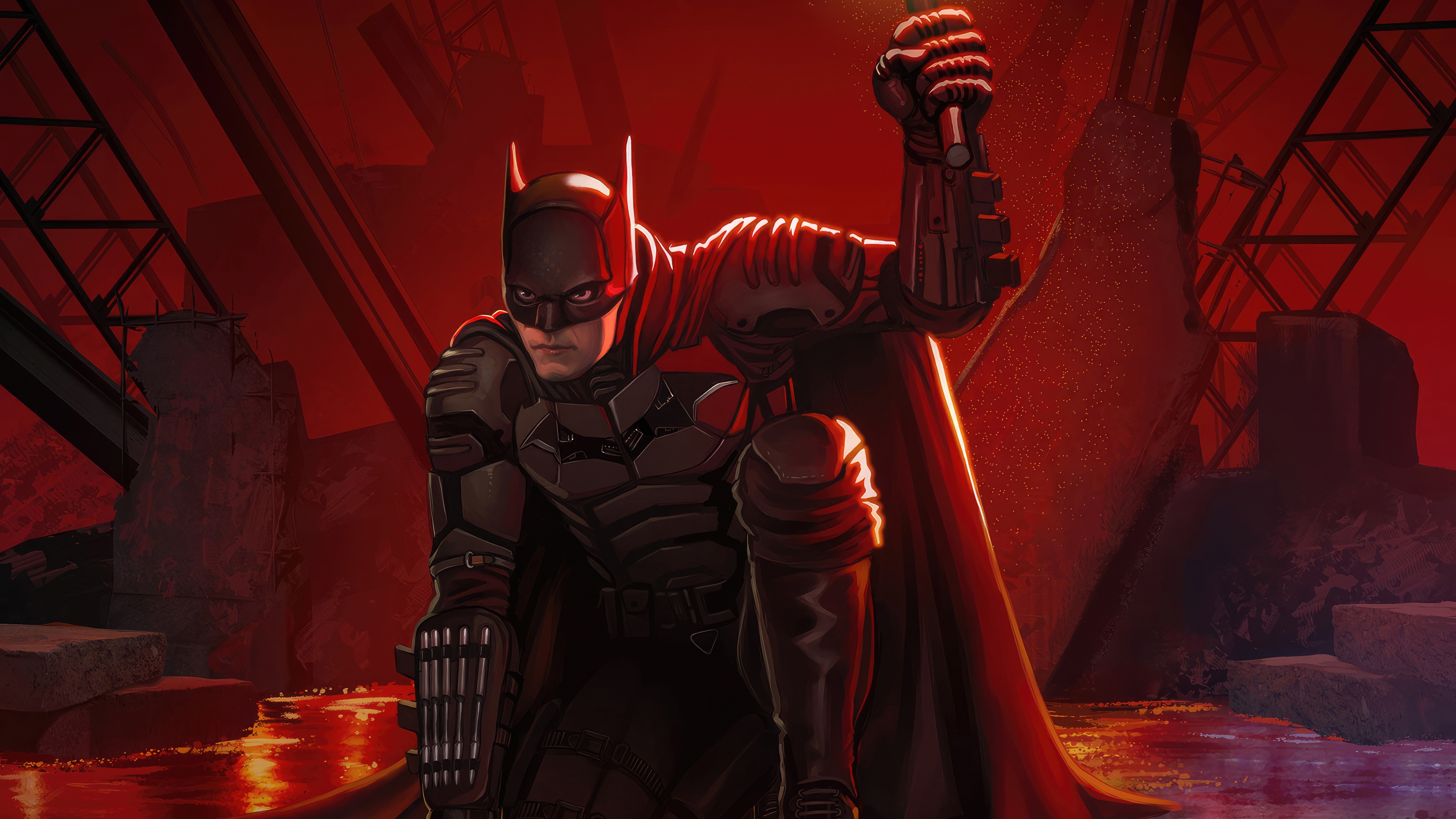 The Batman holding a flare in a red industrial setting HD Wallpaper