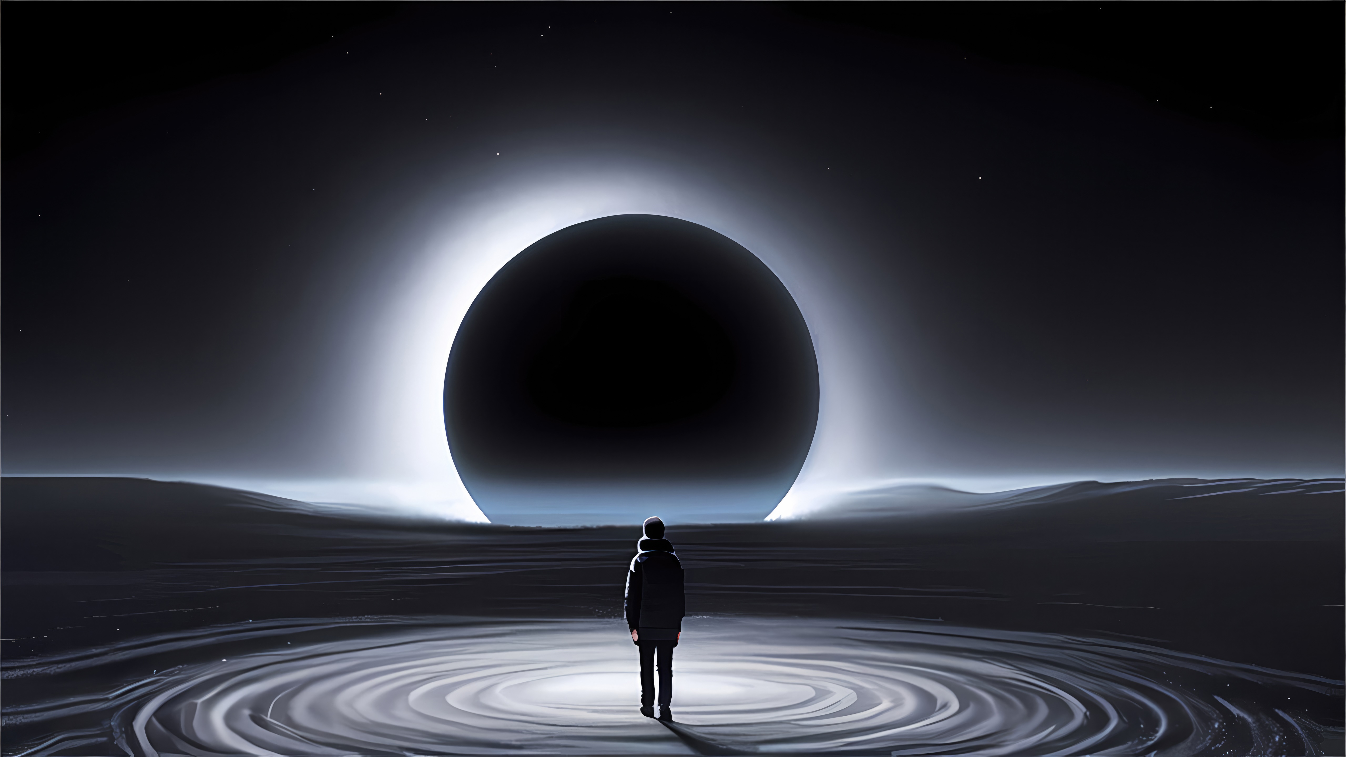 Person standing before a large black sphere during an eclipse HD Wallpaper