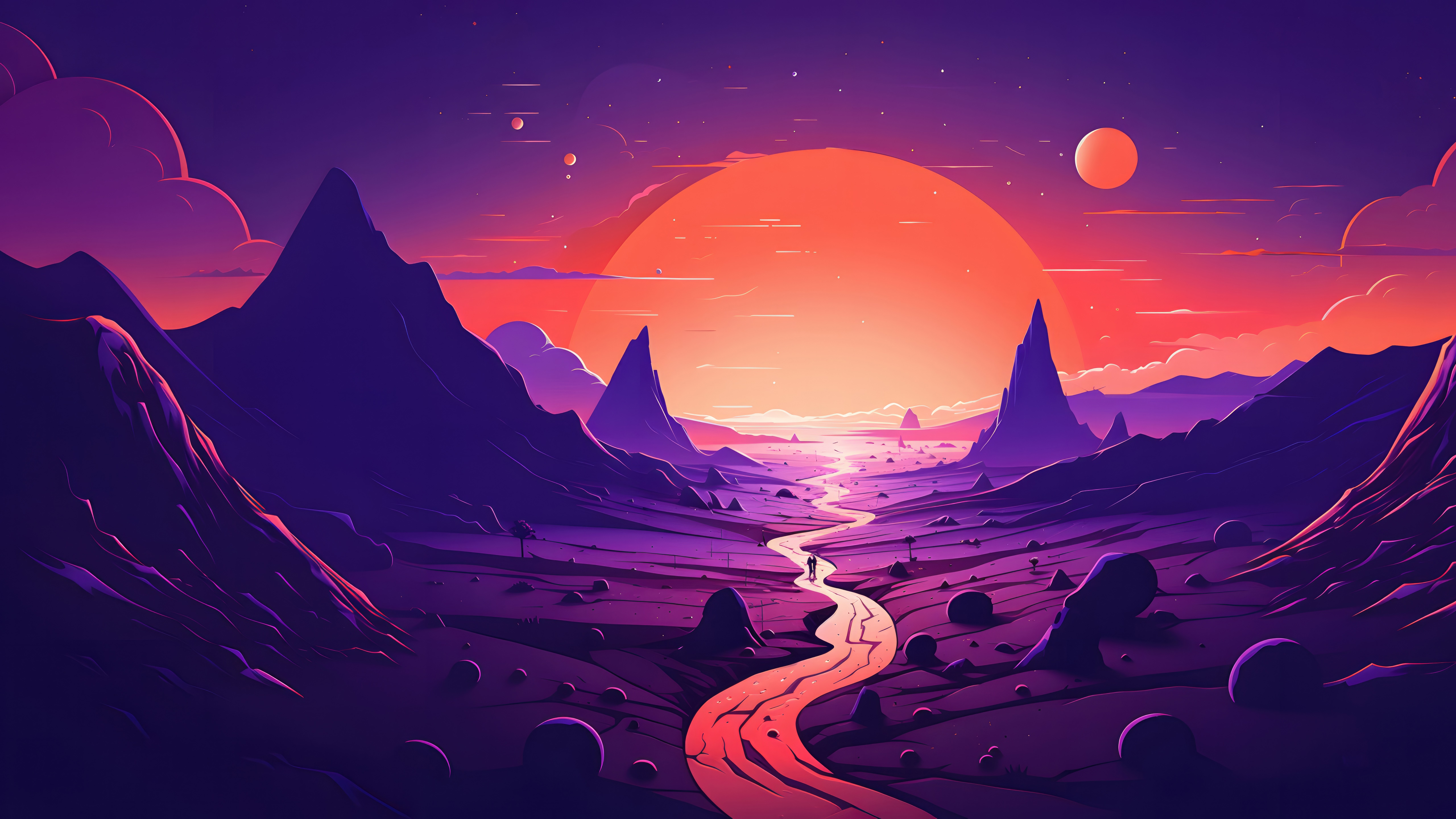 Digital art of a lone figure on a winding path HD Wallpaper