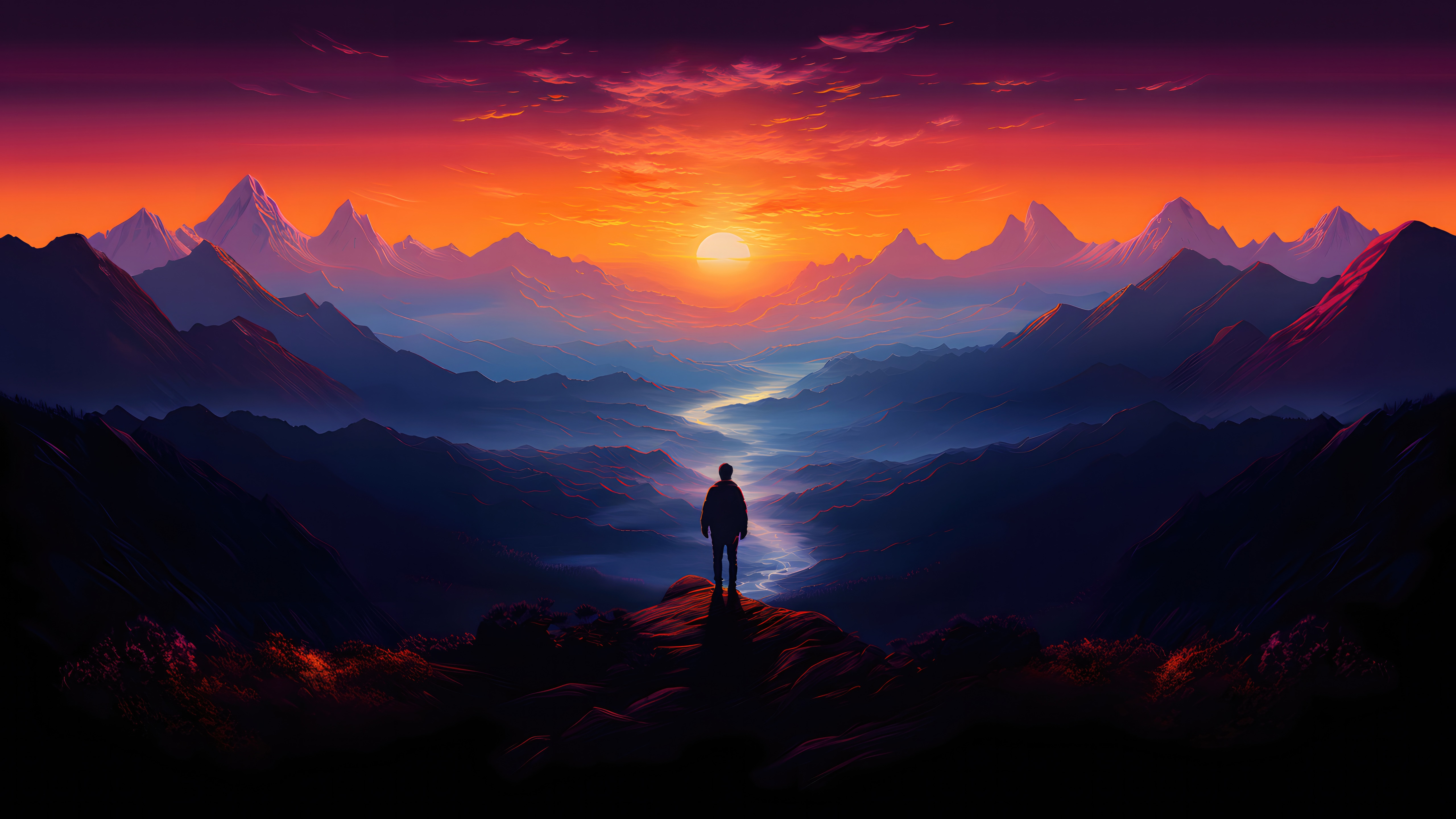 Digital Art of a Person Overlooking a Mountain Valley at Sunset HD Wallpaper