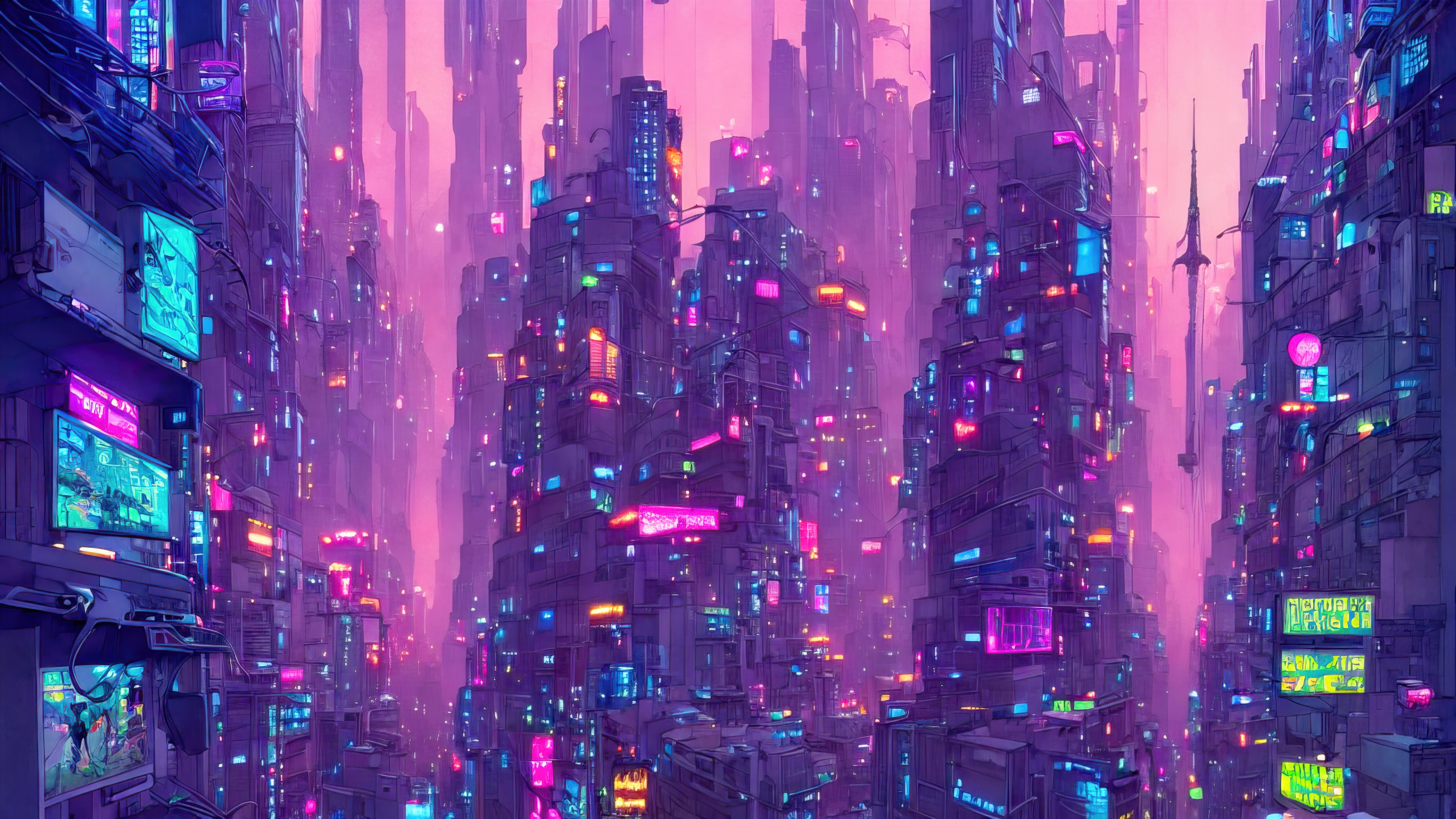 Cyberpunk city with neon lights and tall buildings HD Wallpaper