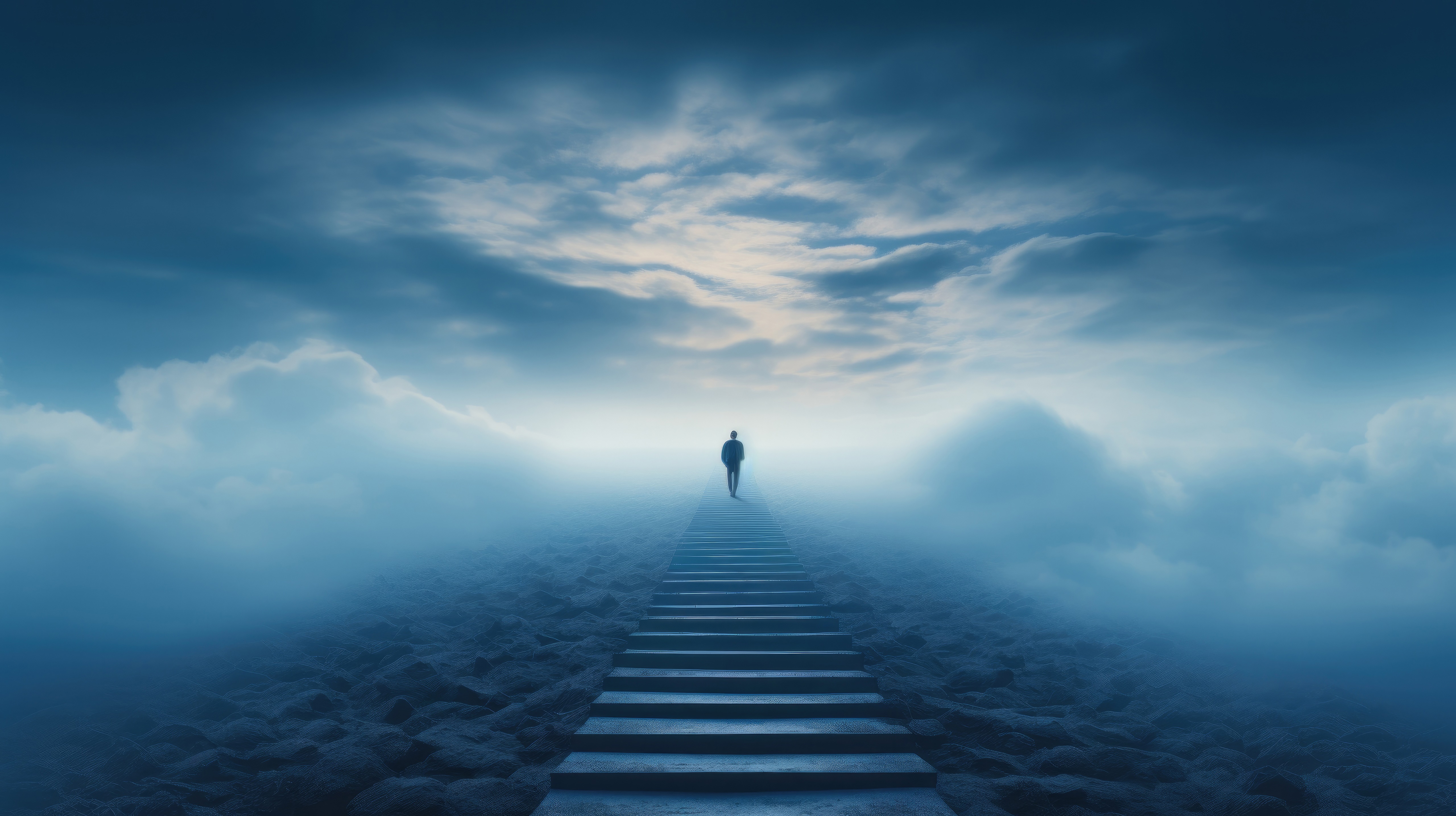 Man walking up stairs in clouds HD Wallpaper