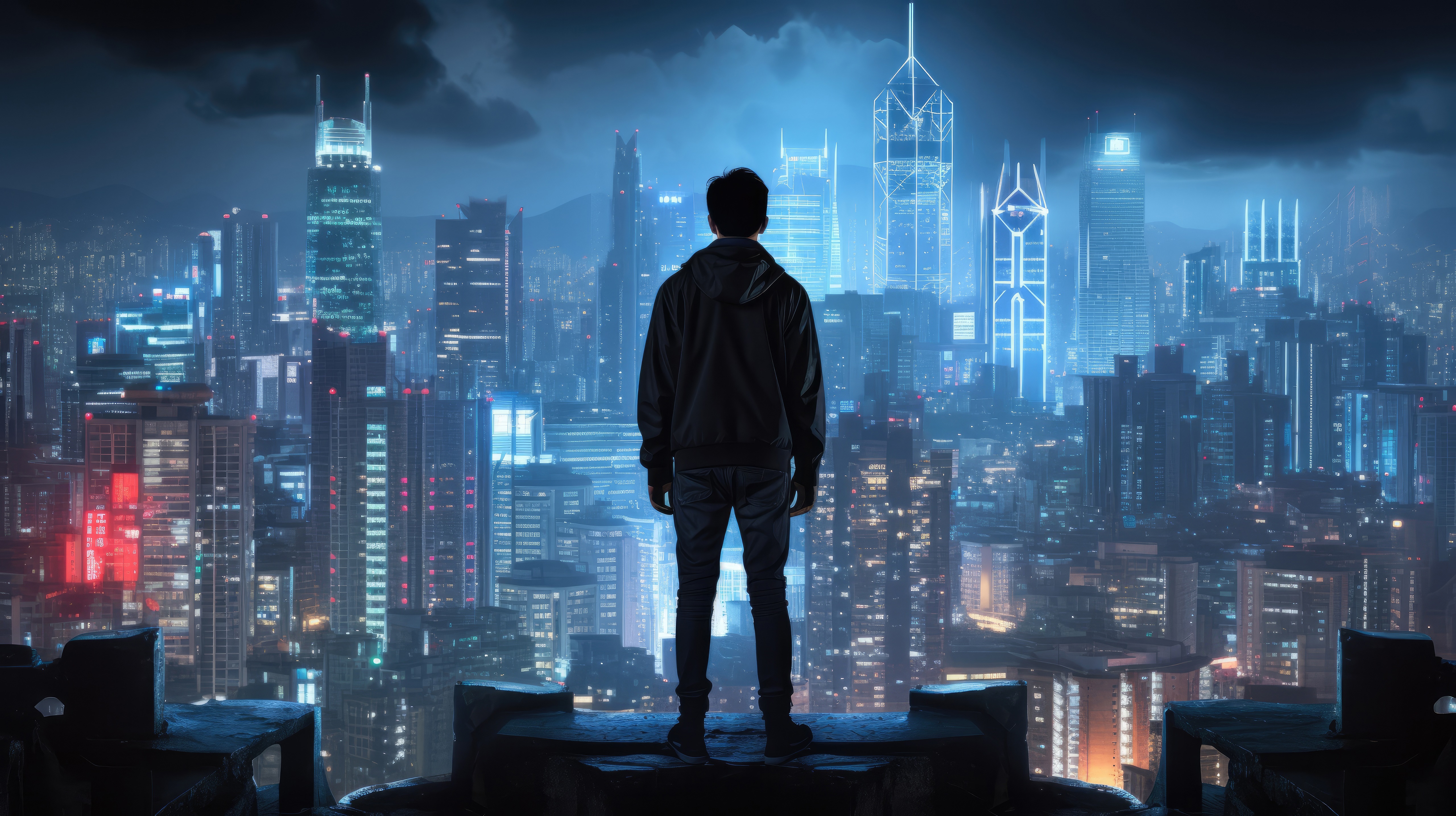 Man standing on rooftop overlooking futuristic city 4K HD Wallpaper