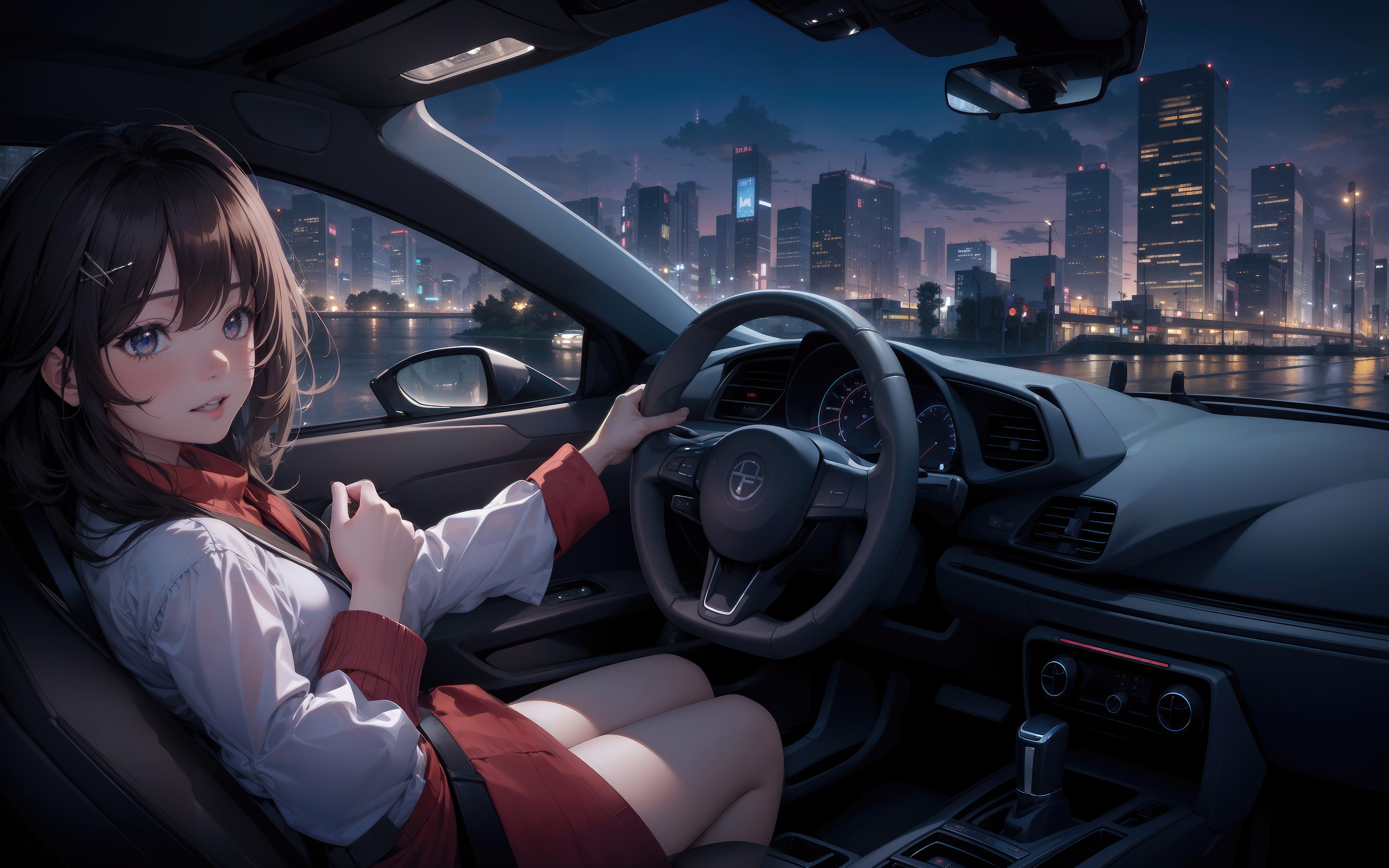 Anime girl driving a car at night with city skyline HD Wallpaper