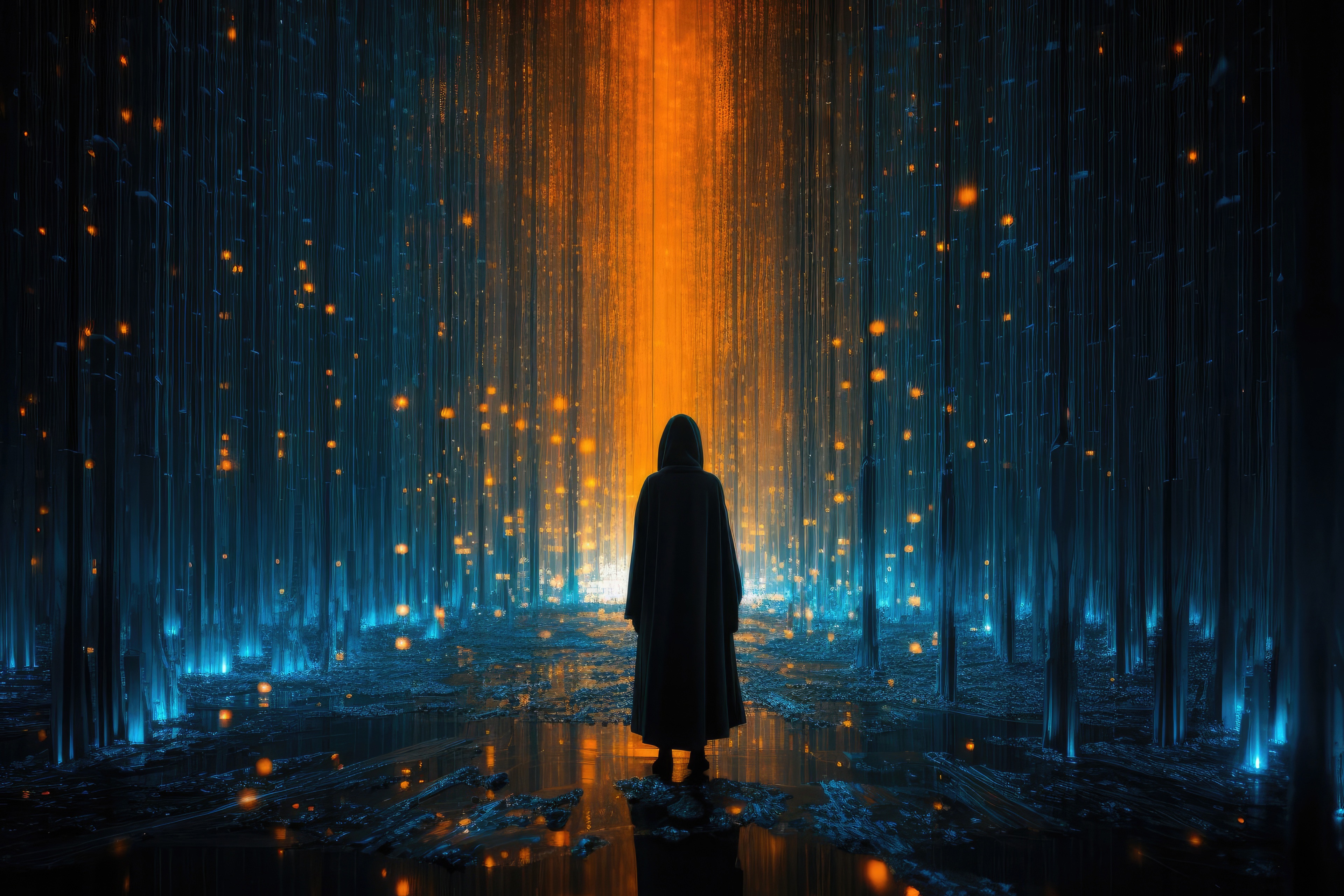 Figure in a dark cloak in a digital forest with orange light HD Wallpaper