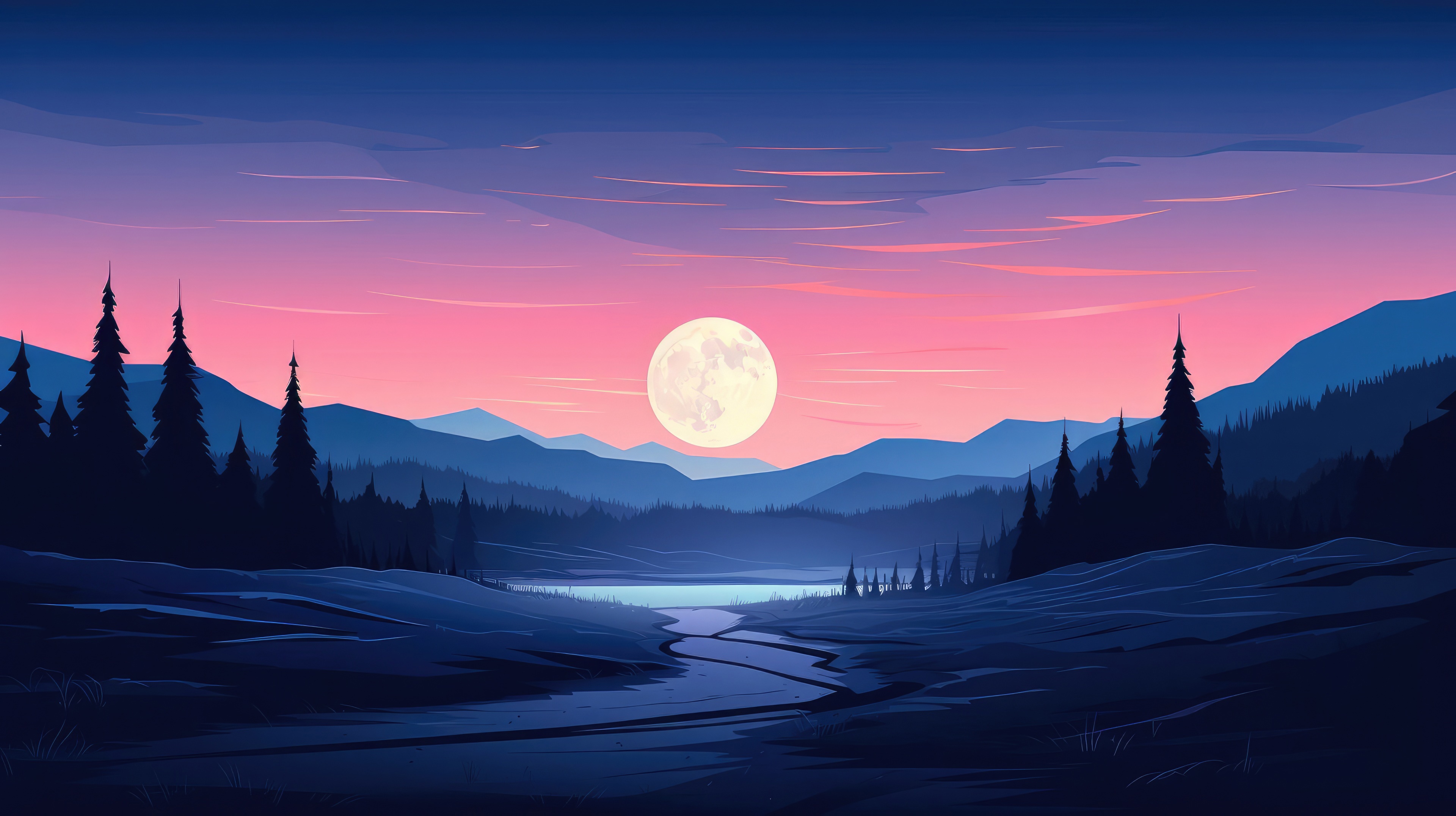 Minimalist landscape with moon and mountains at dusk HD Wallpaper