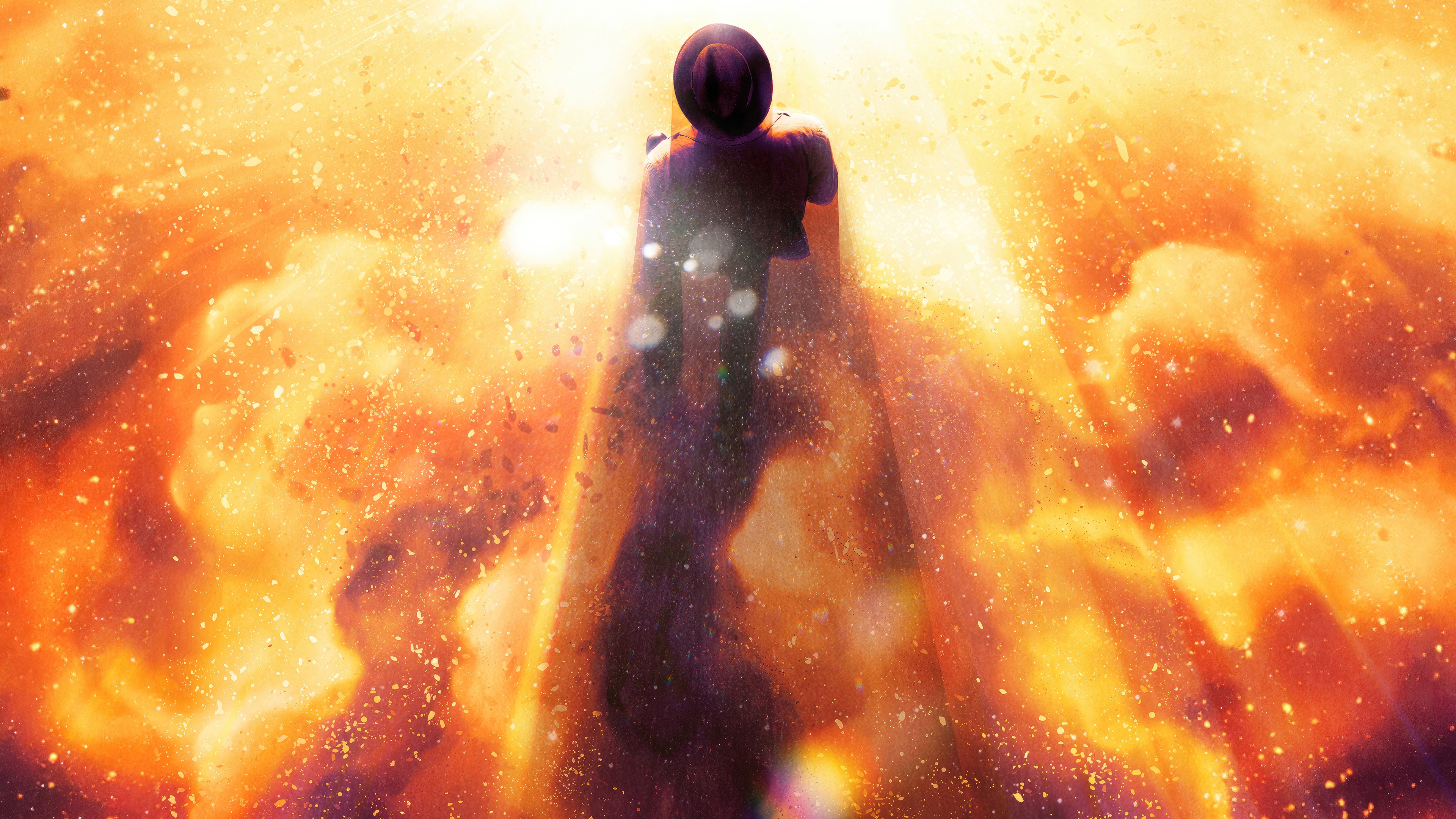 Oppenheimer in a fiery explosion 4K HD Wallpaper