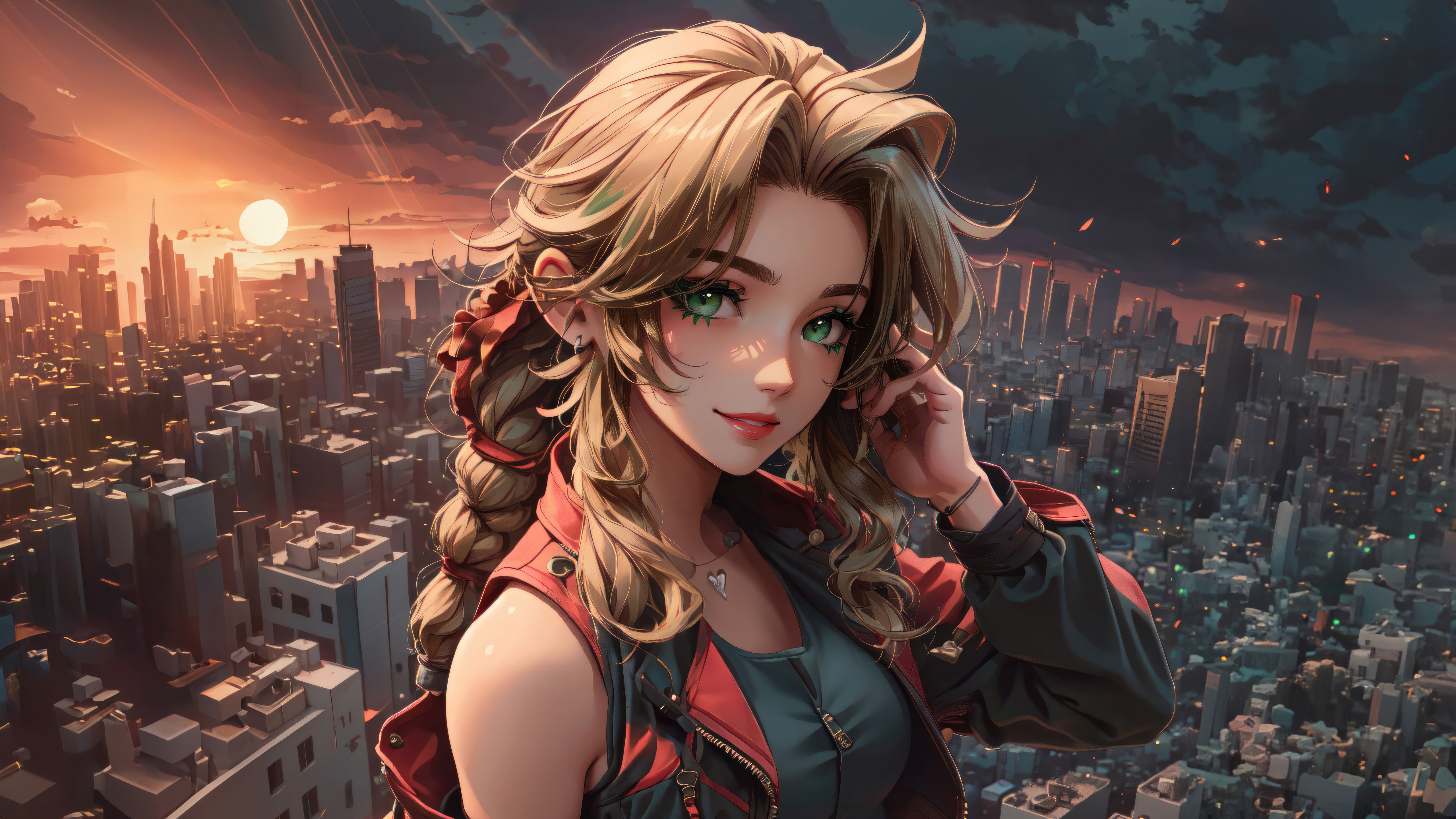 Aerith Gainsborough overlooking a city at sunset HD Wallpaper