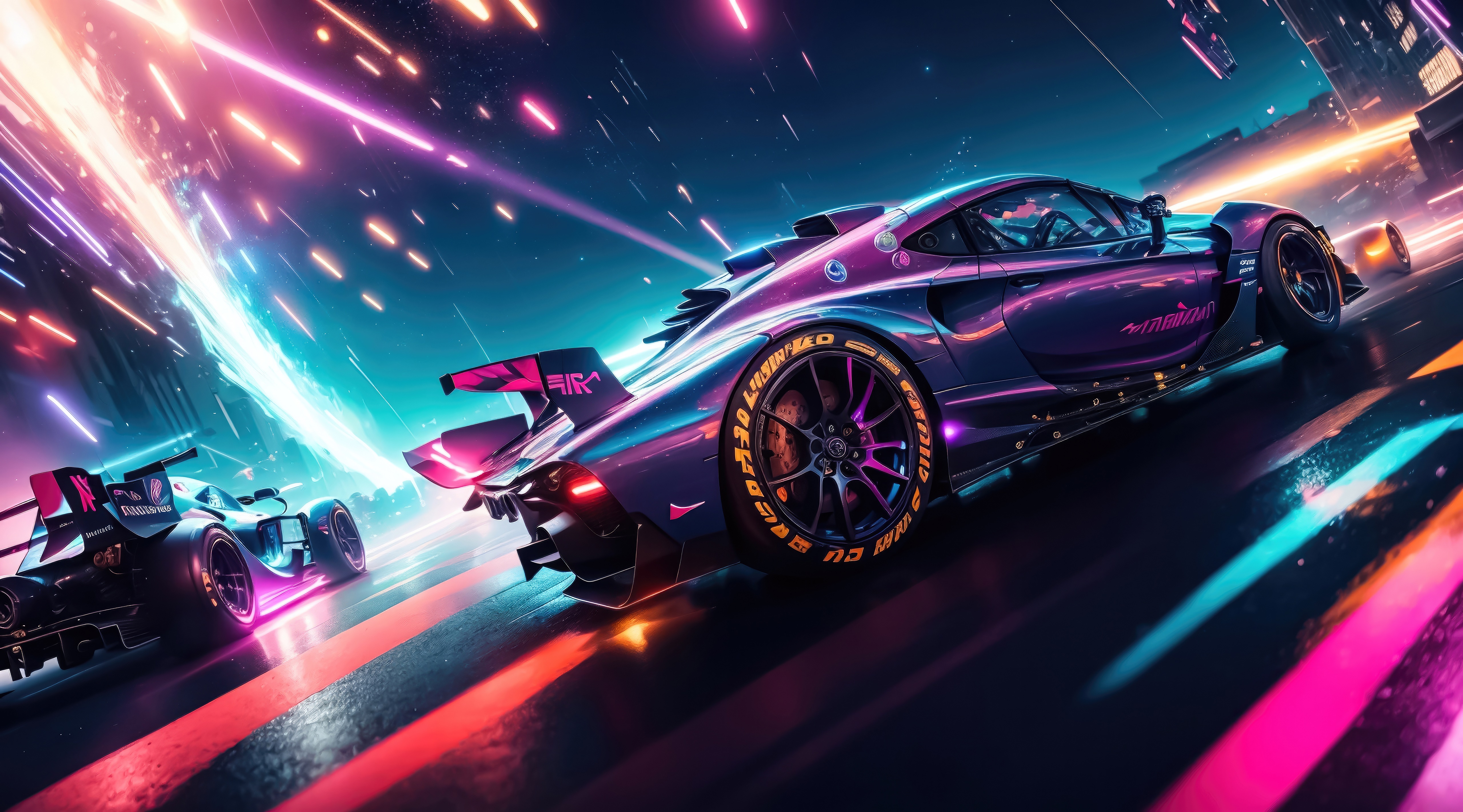 Cyberpunk racing cars in a neon city HD Wallpaper