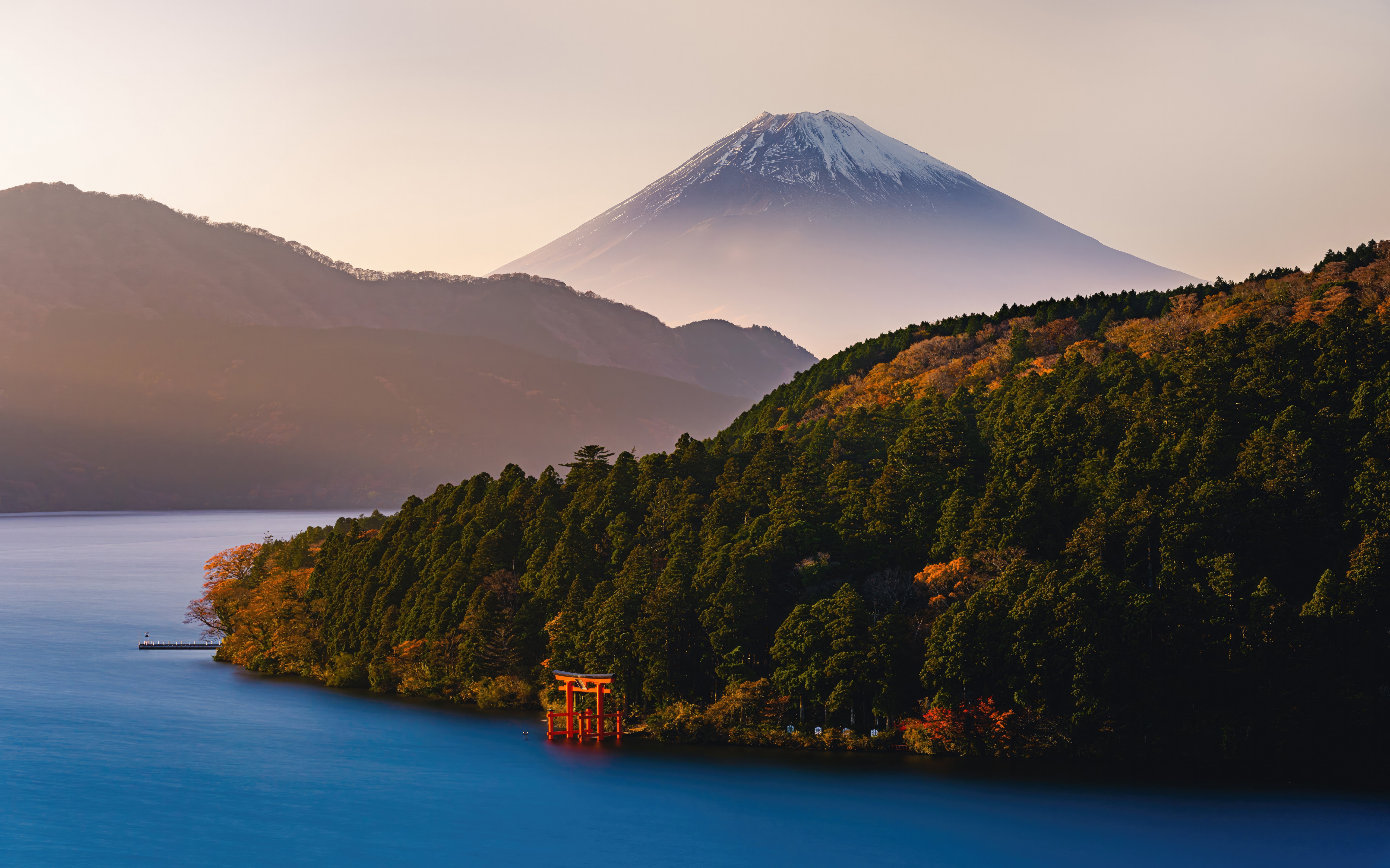 Mount Fuji and Torii Gate at Lake Ashi HD Wallpaper