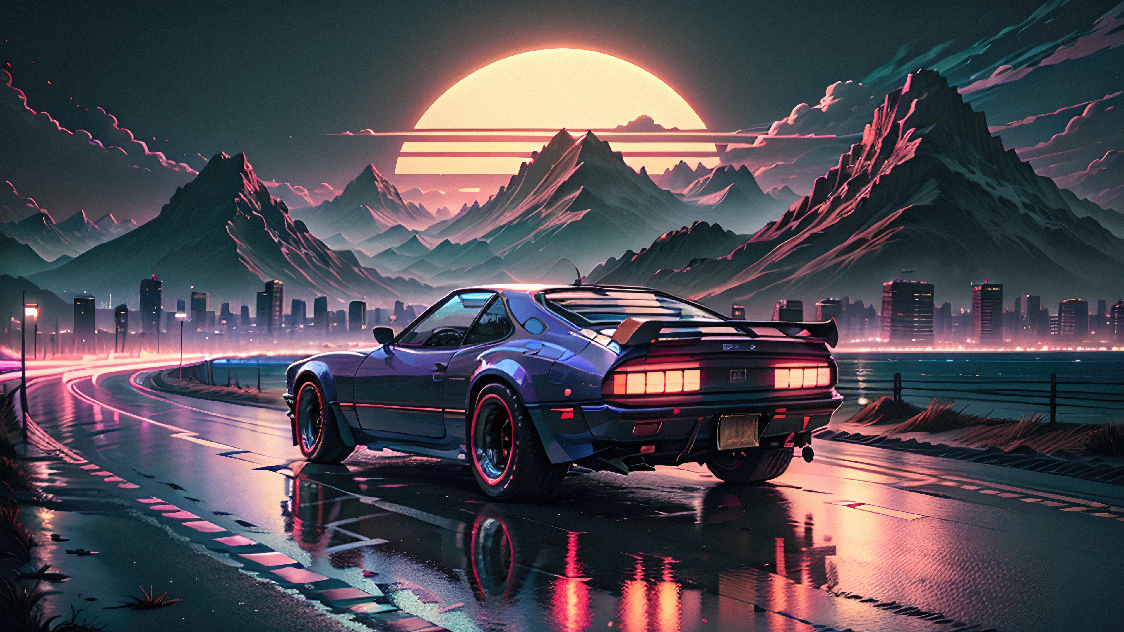 Retro Car on a Wet Road with City and Mountains HD Wallpaper