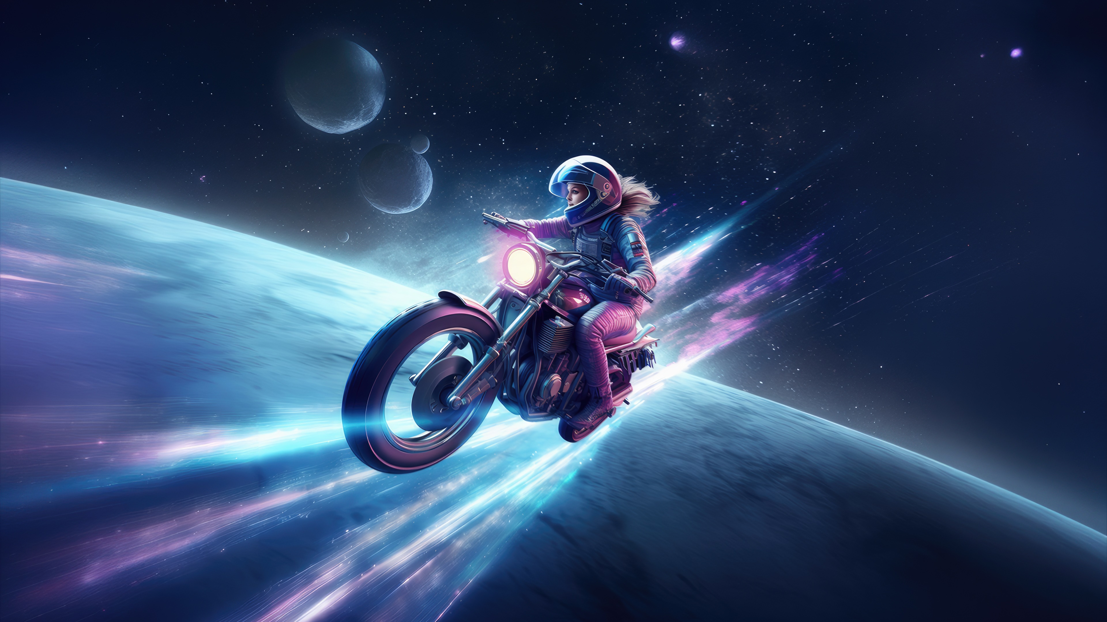 Biker riding a motorcycle through space with planets HD Wallpaper