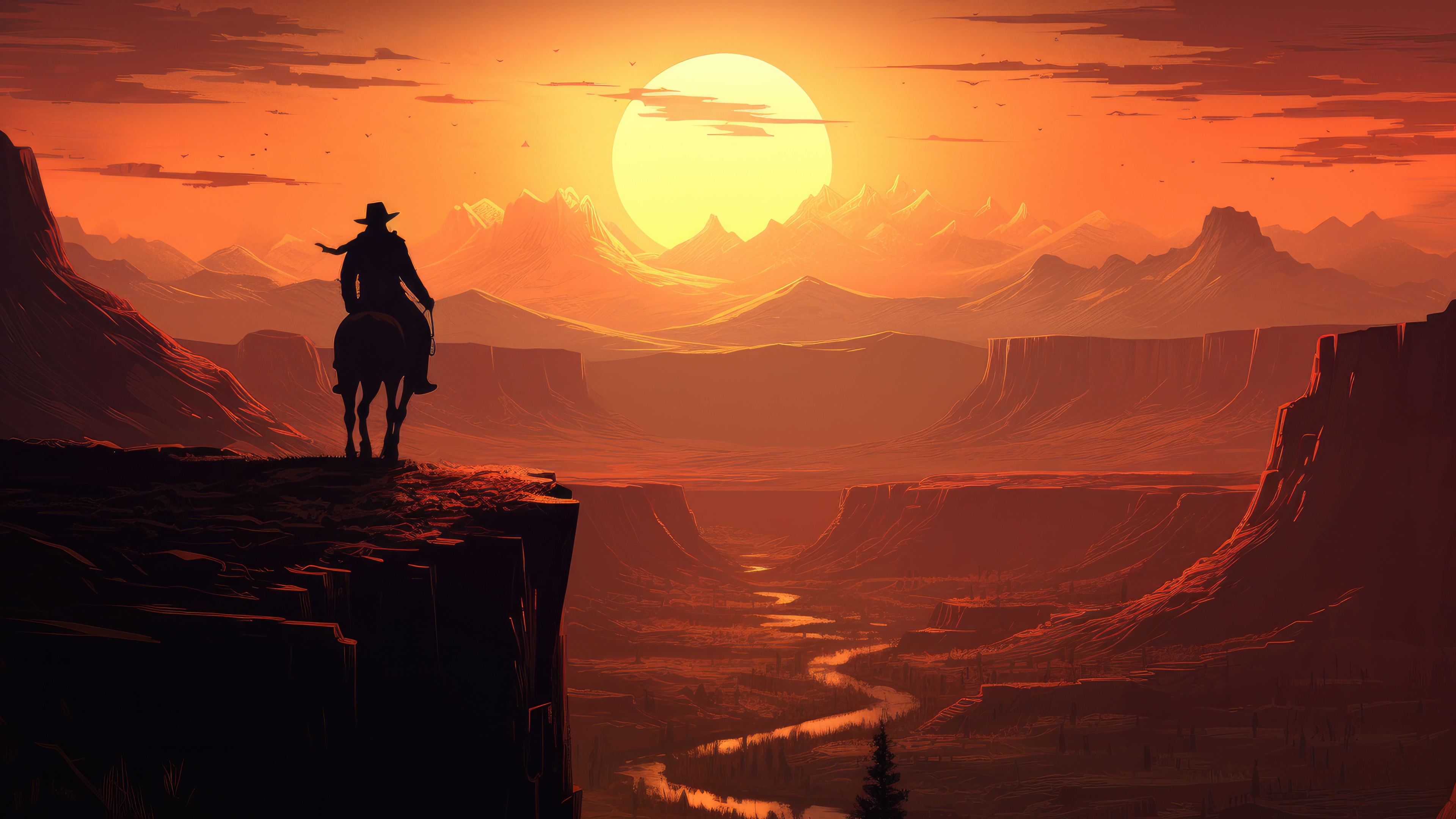 Cowboy on Horseback Overlooking Canyon at Sunset HD Wallpaper