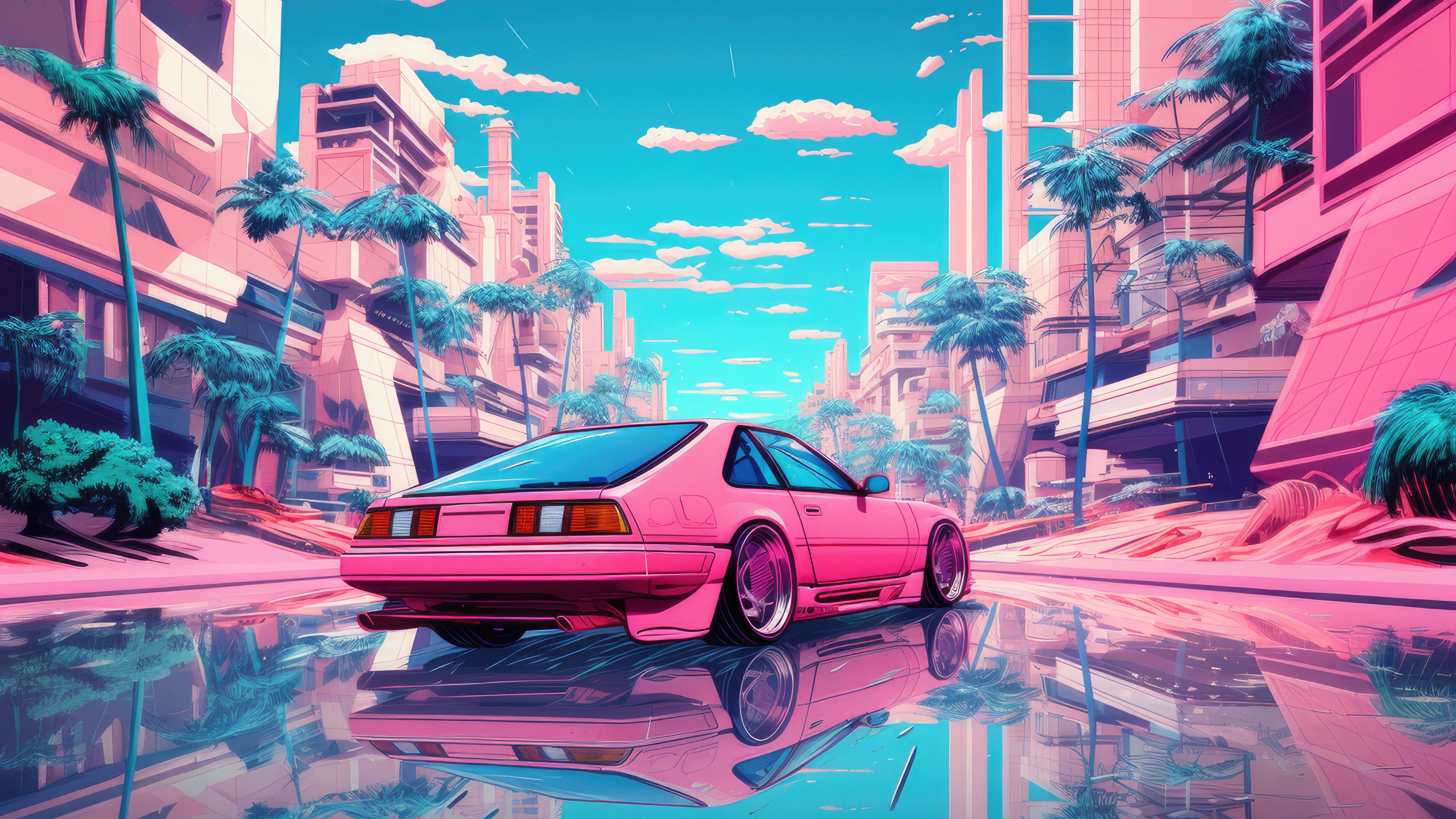 Pink retro car in a futuristic city HD Wallpaper