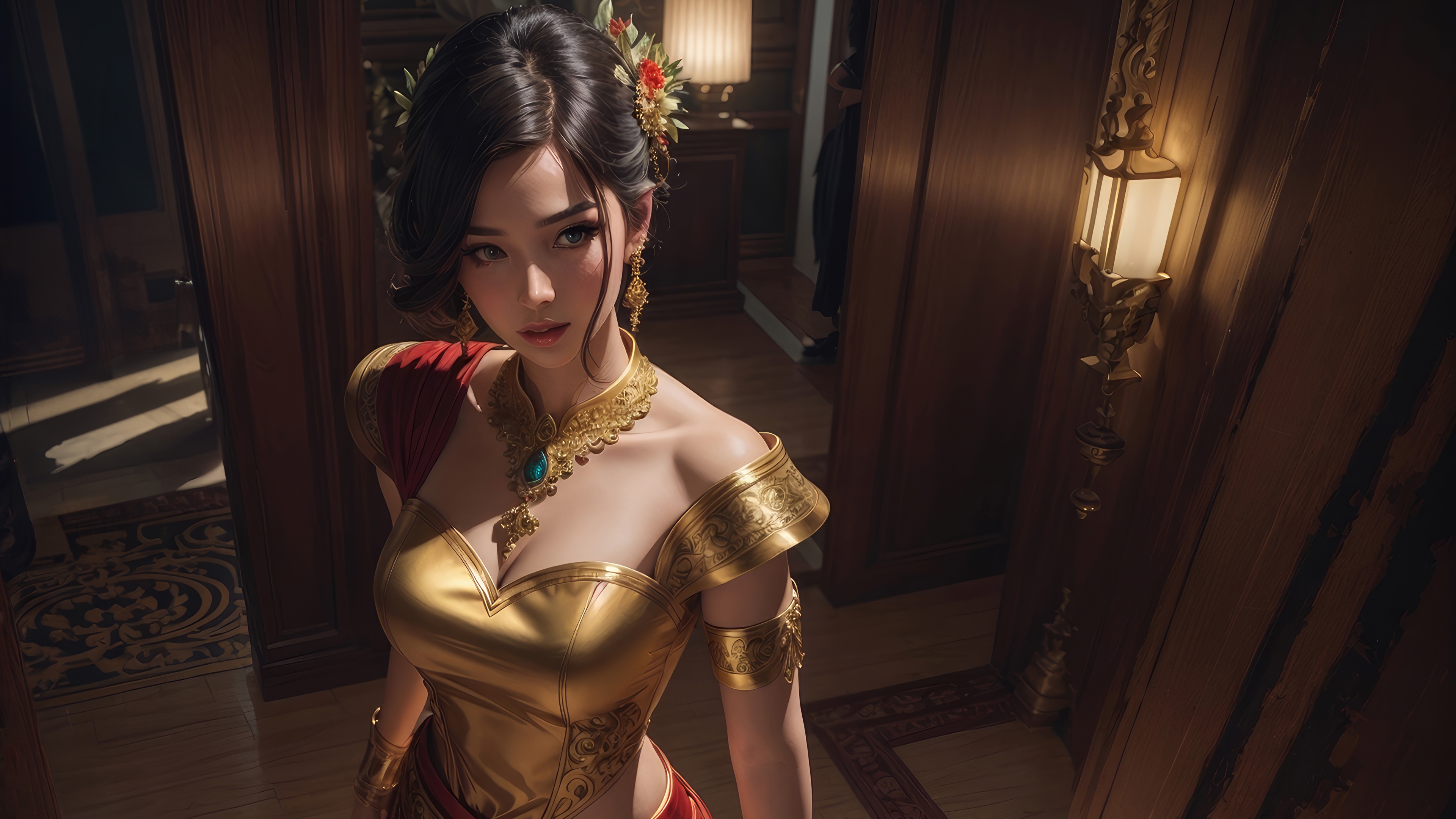 Fantasy girl in ornate gold and red attire HD Wallpaper