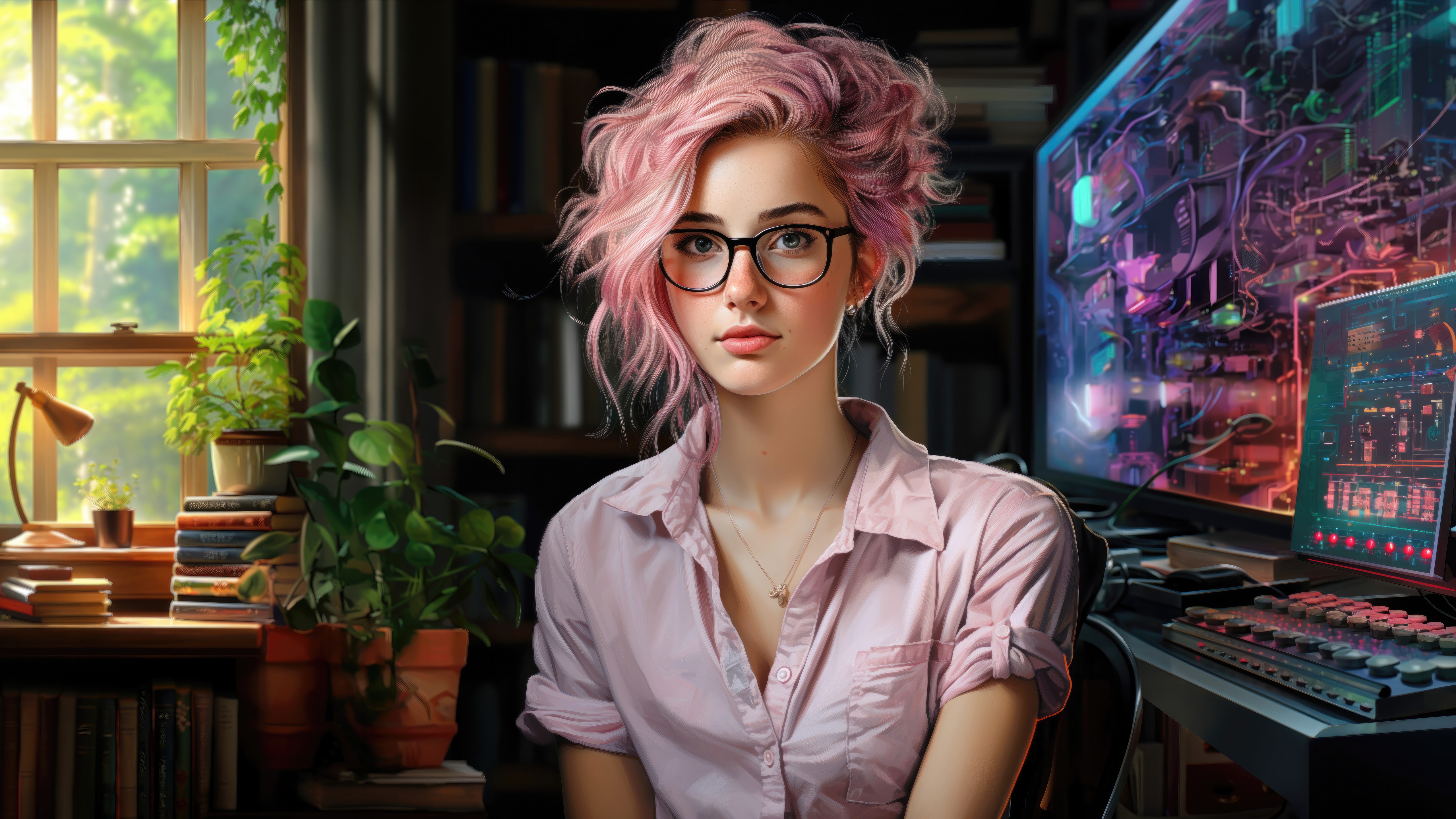 AI girl with pink hair and glasses at a desk HD Wallpaper
