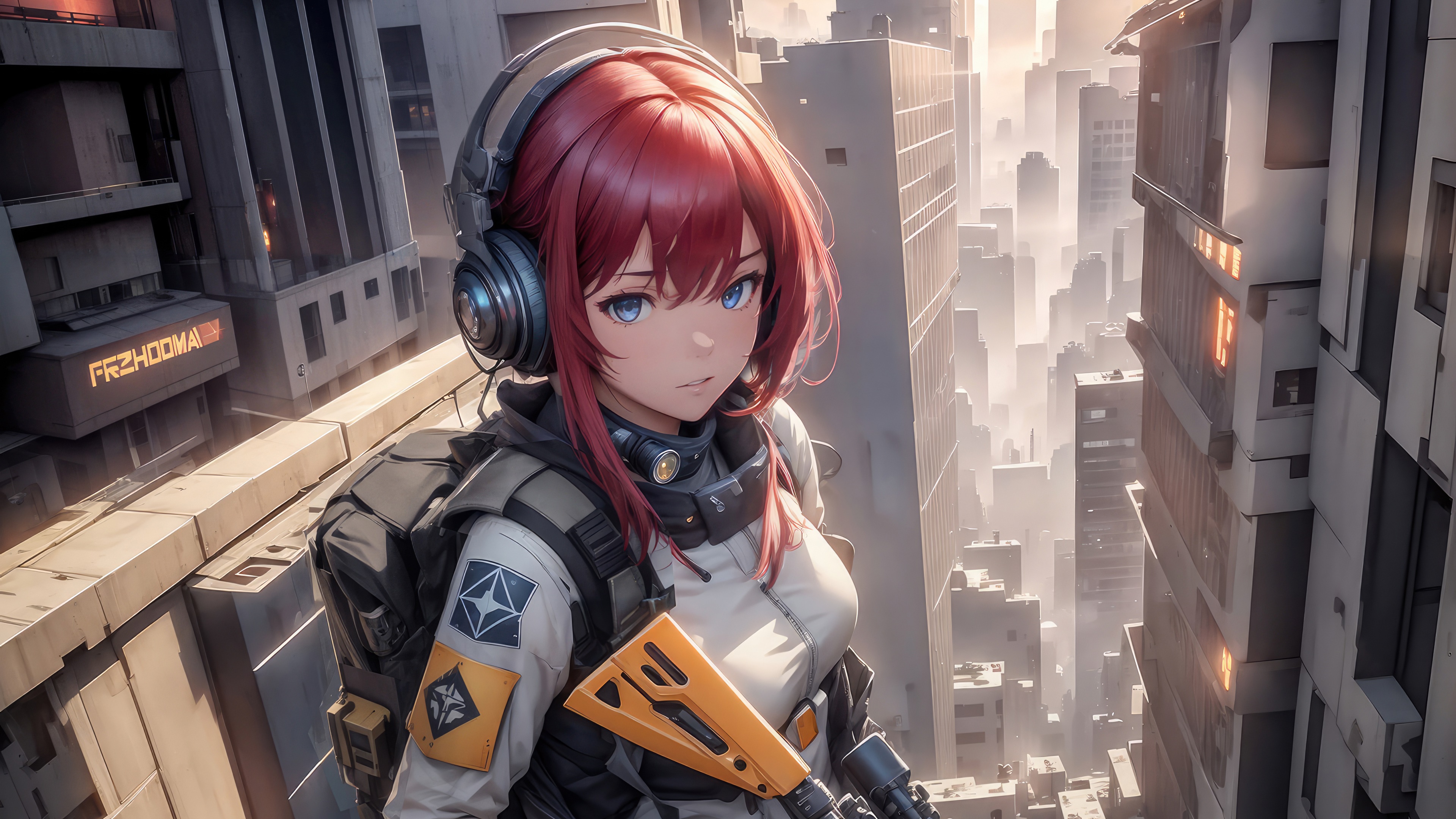 Anime girl with headphones and rifle in city HD Wallpaper