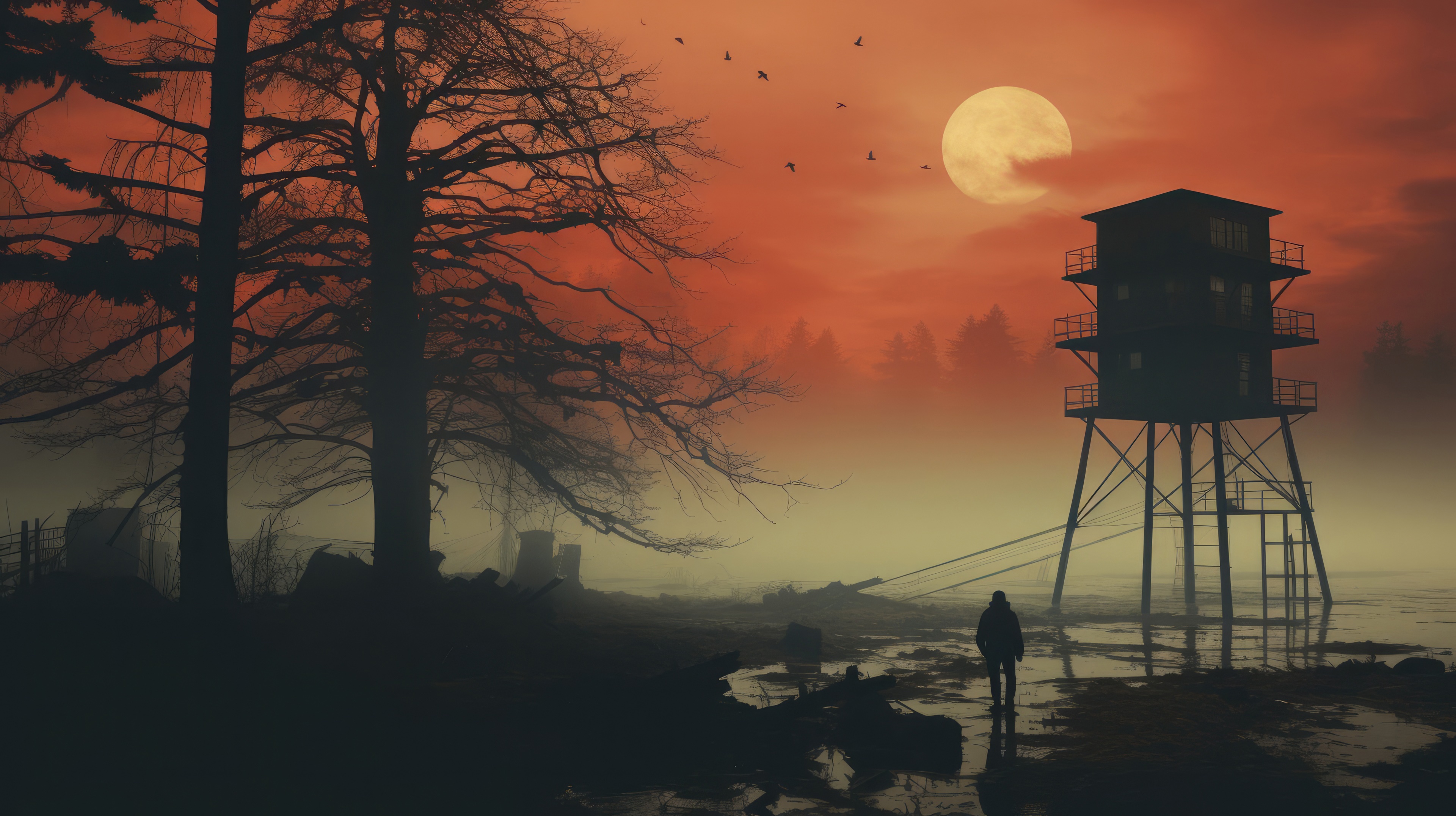 Digital art of a lone figure near a tower at sunset HD Wallpaper