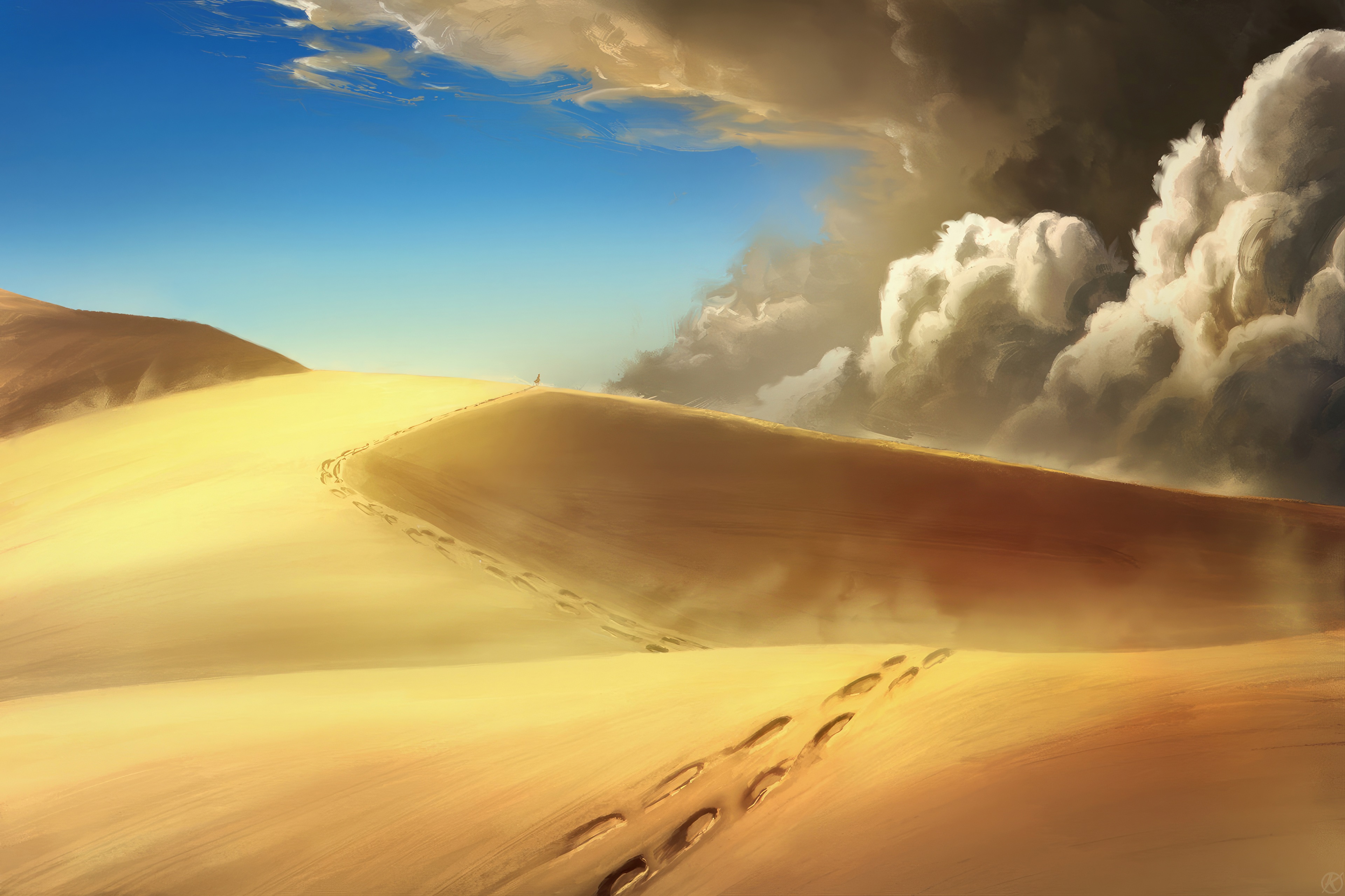 Digital artwork of a desert landscape with a storm approaching HD Wallpaper