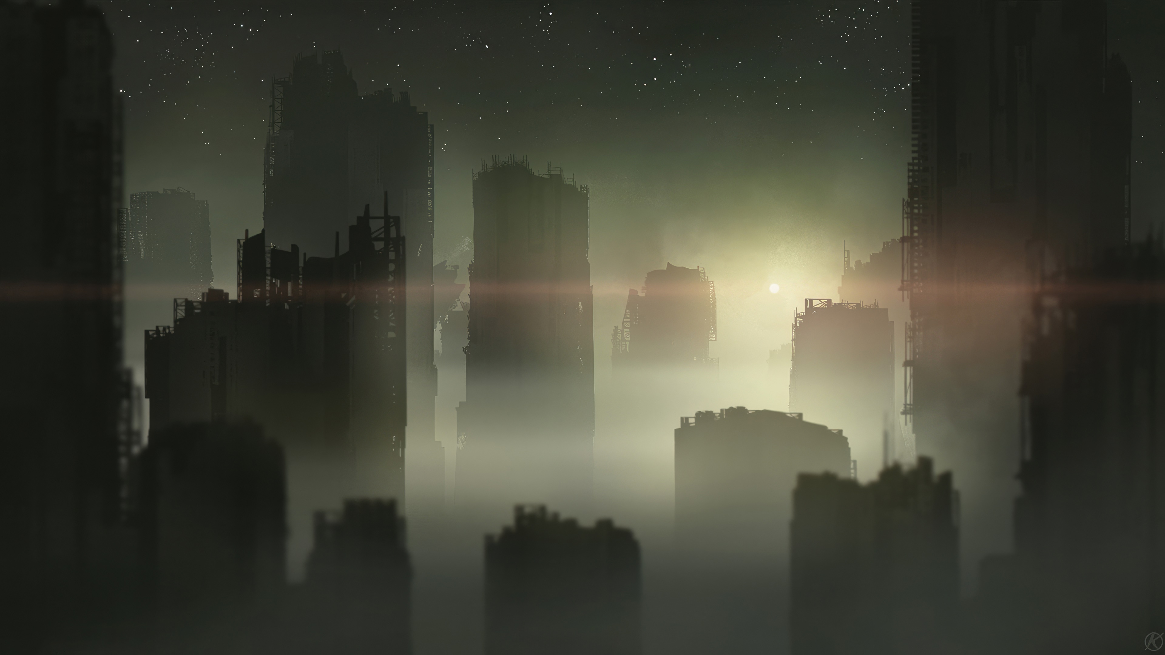 Ruined city skyline at night with stars HD Wallpaper