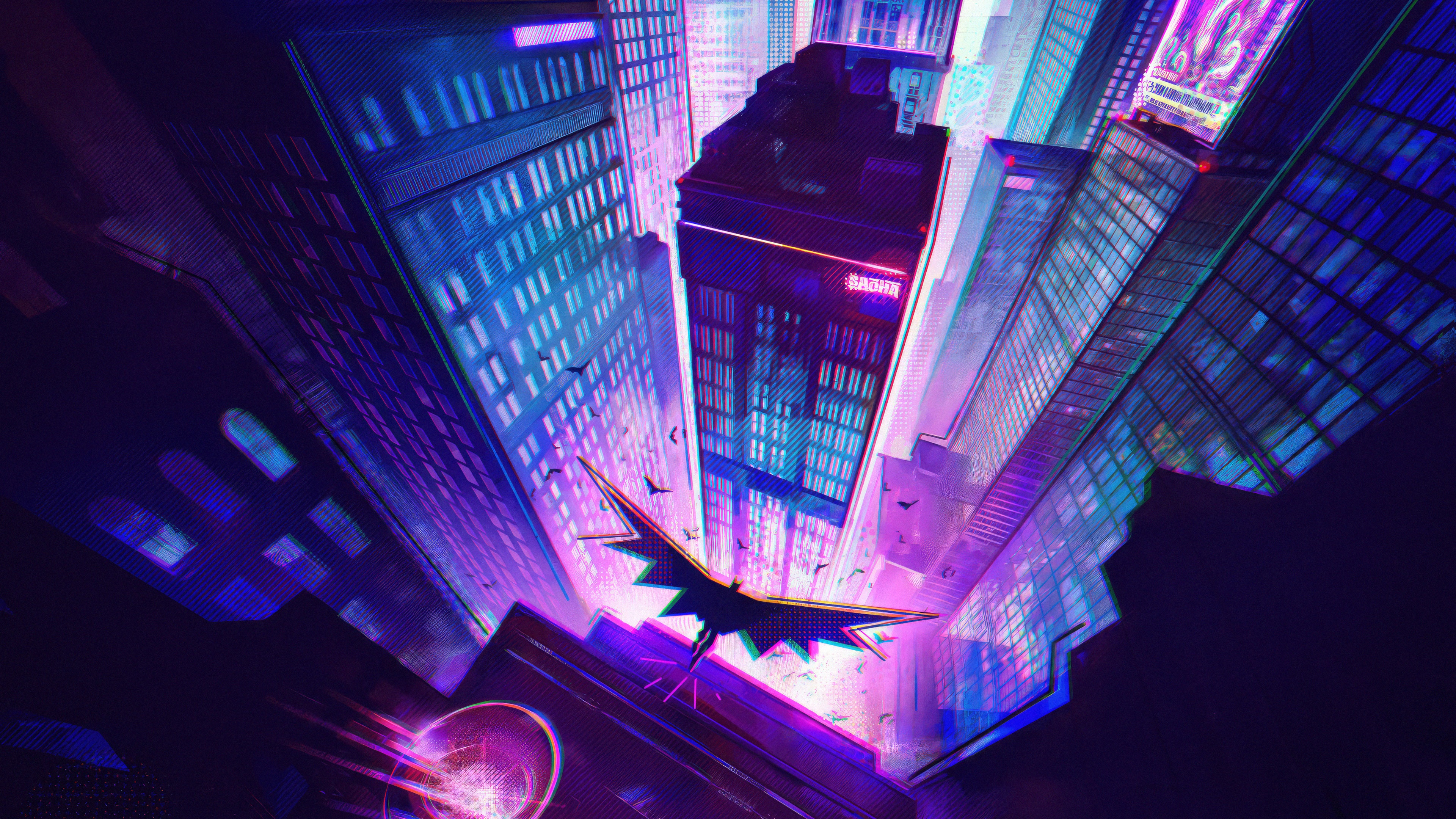 Batman flying over a neon city at night HD Wallpaper