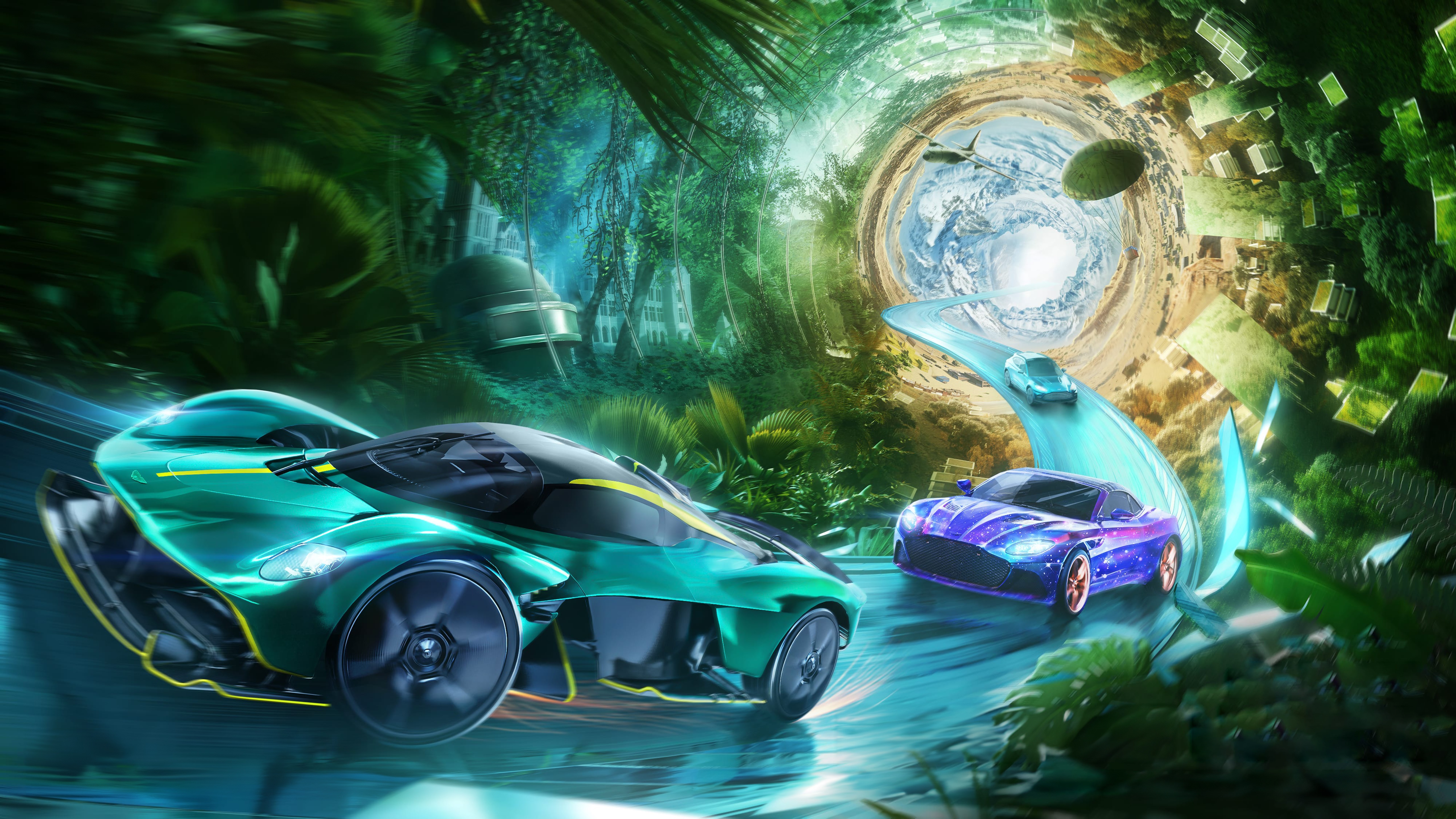 Aston Martin Cars Racing Through a Futuristic Portal HD Wallpaper