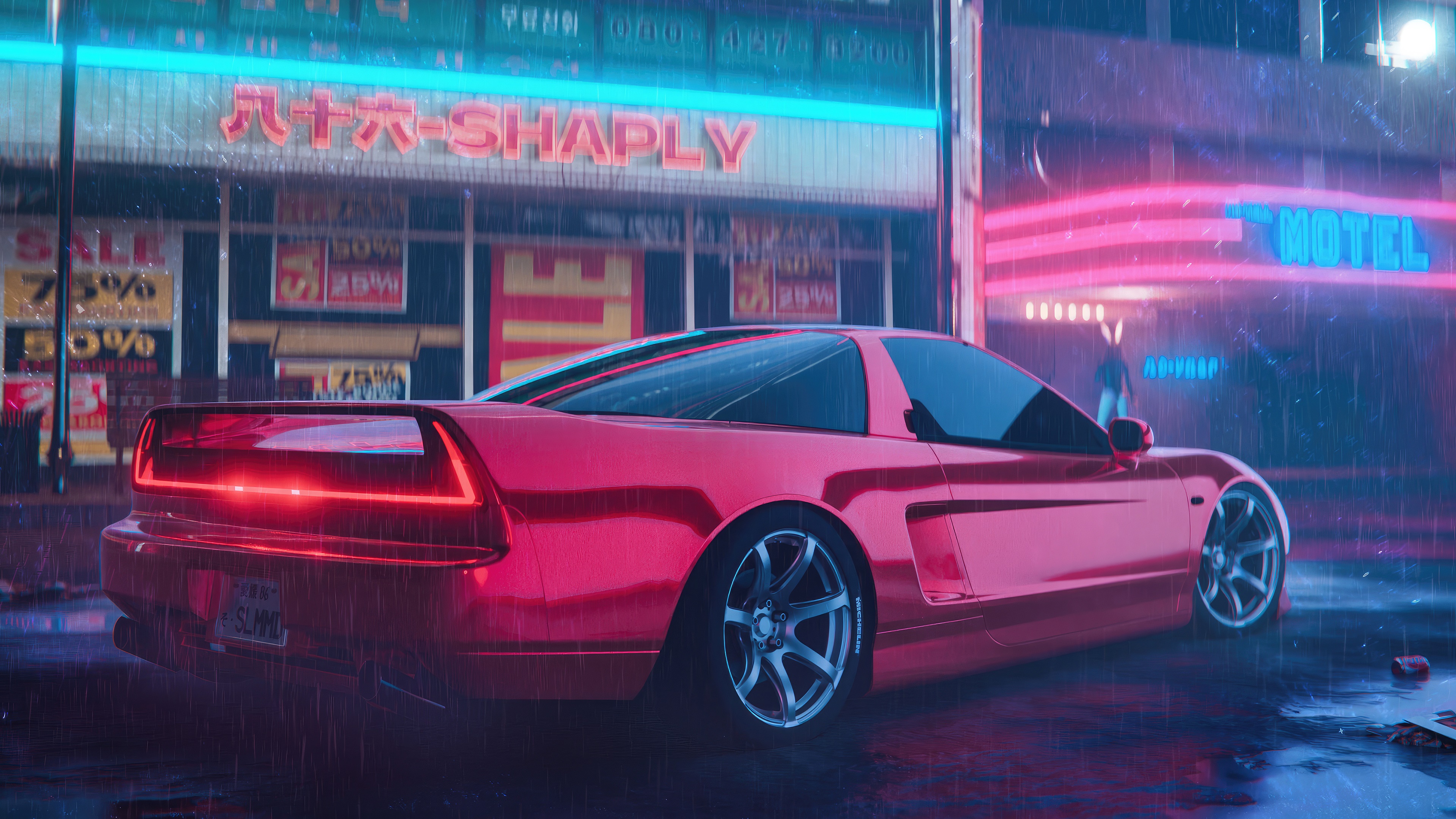 Red Honda NSX in a rainy neon city HD Wallpaper