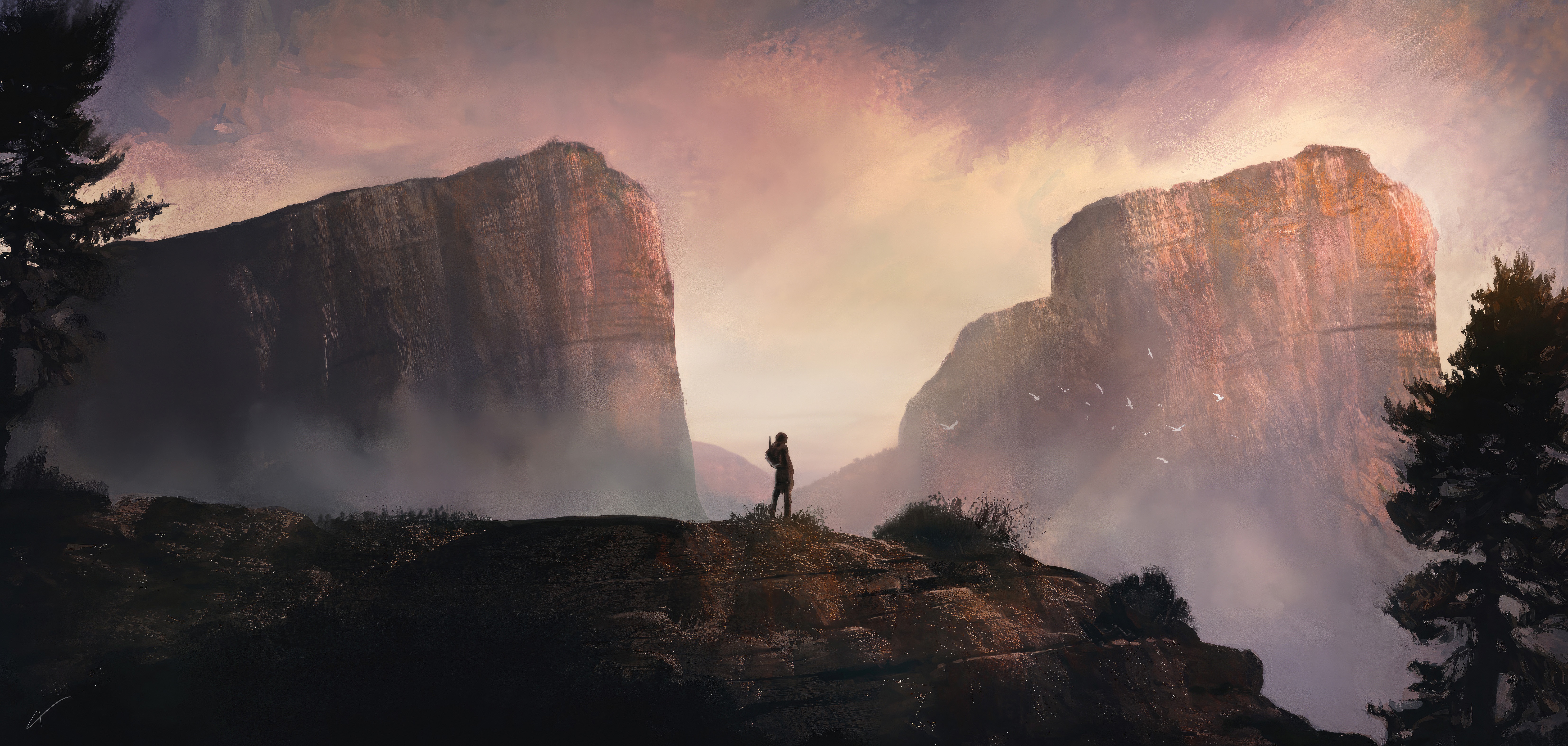 Digital art of a lone figure in a mountain canyon HD Wallpaper