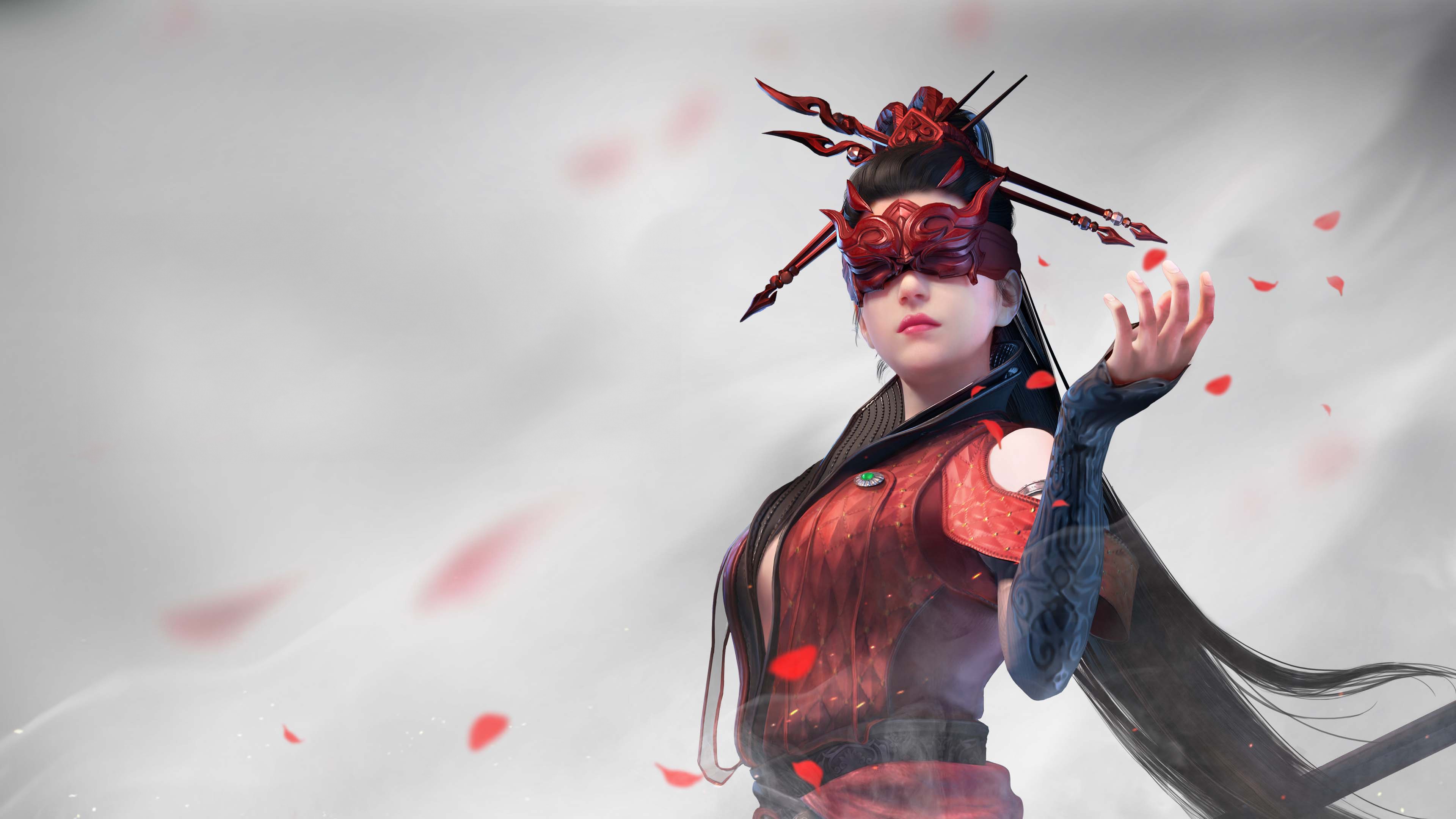 Naraka: Bladepoint character in red mask and armor HD Wallpaper