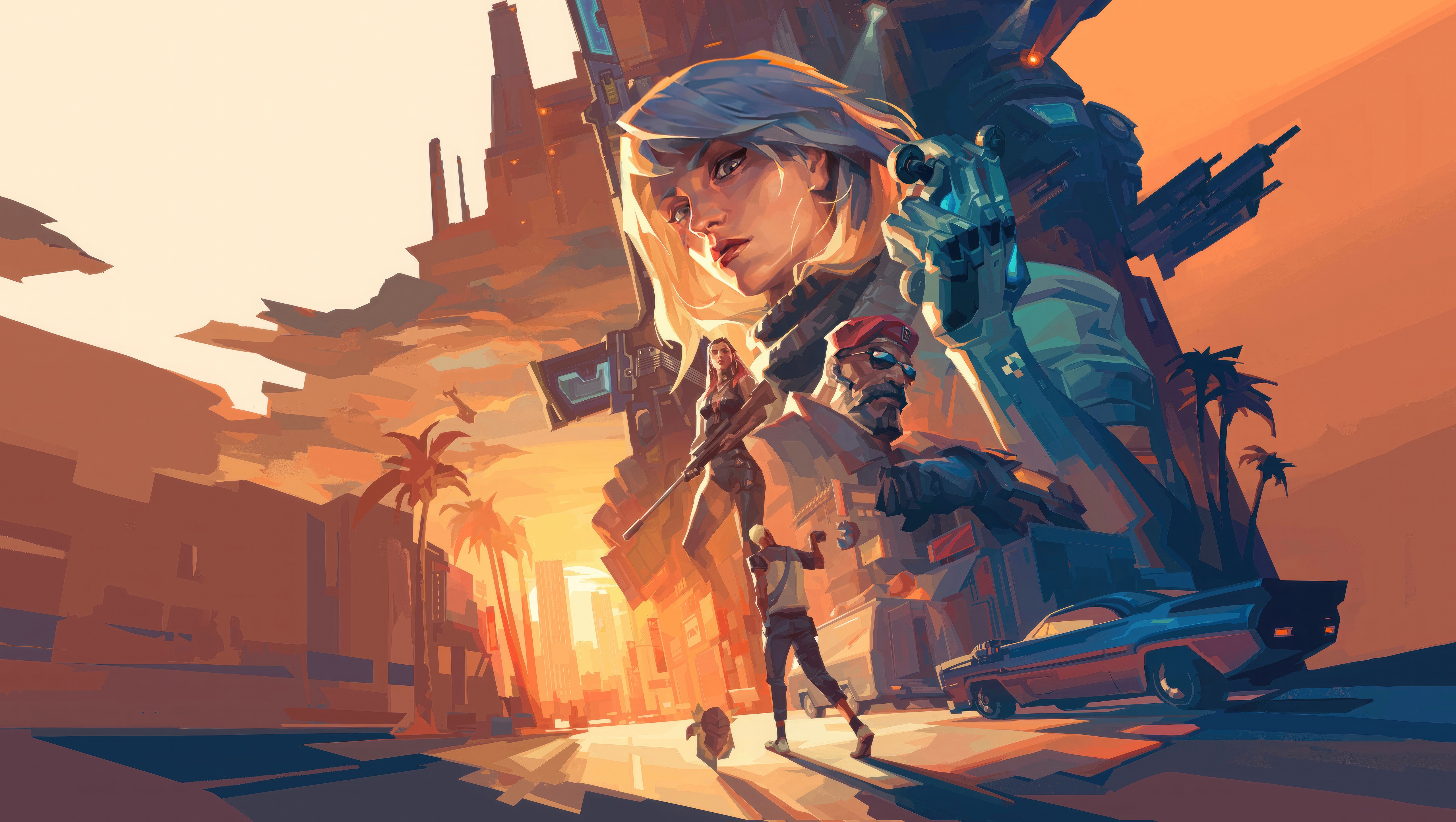 Valorant characters in a city at sunset HD Wallpaper