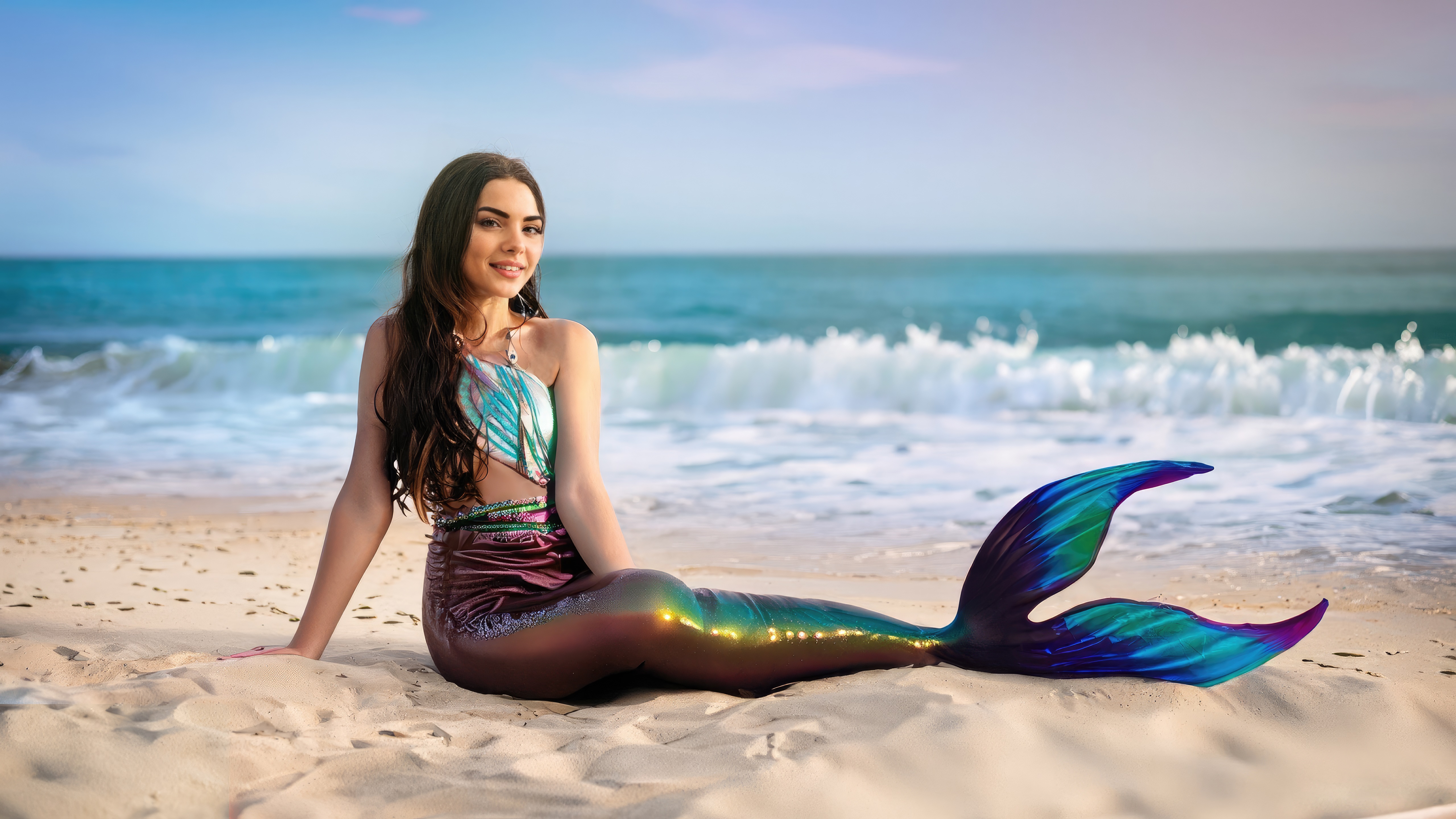 Mermaid on a sandy beach with ocean waves HD Wallpaper