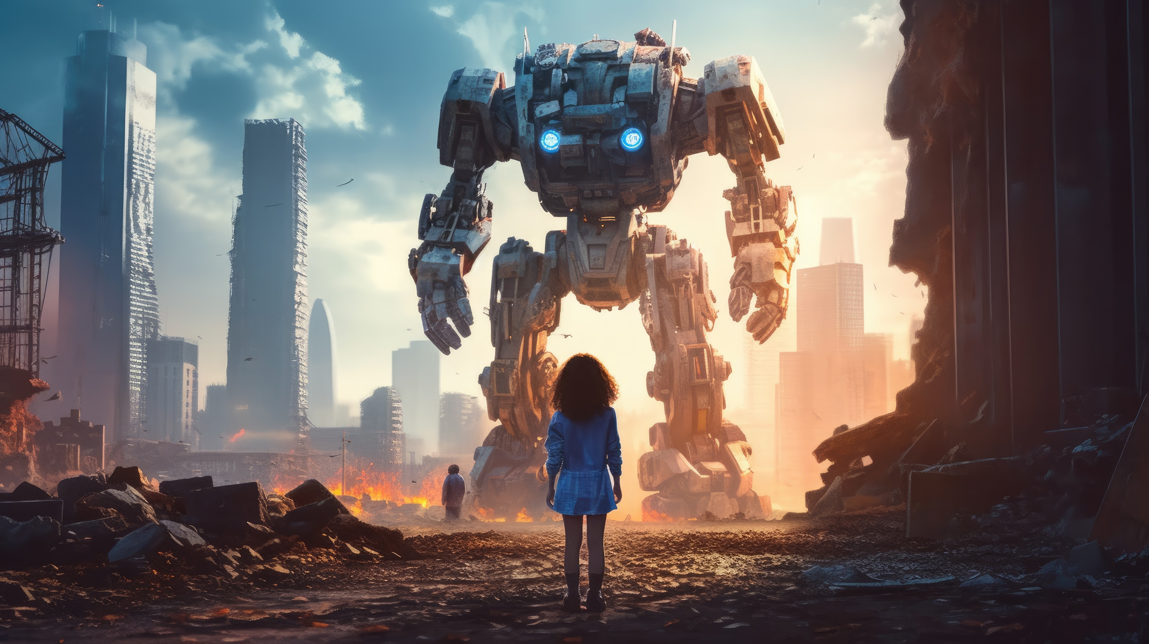 Giant Robot and Girl in Ruined City HD Wallpaper
