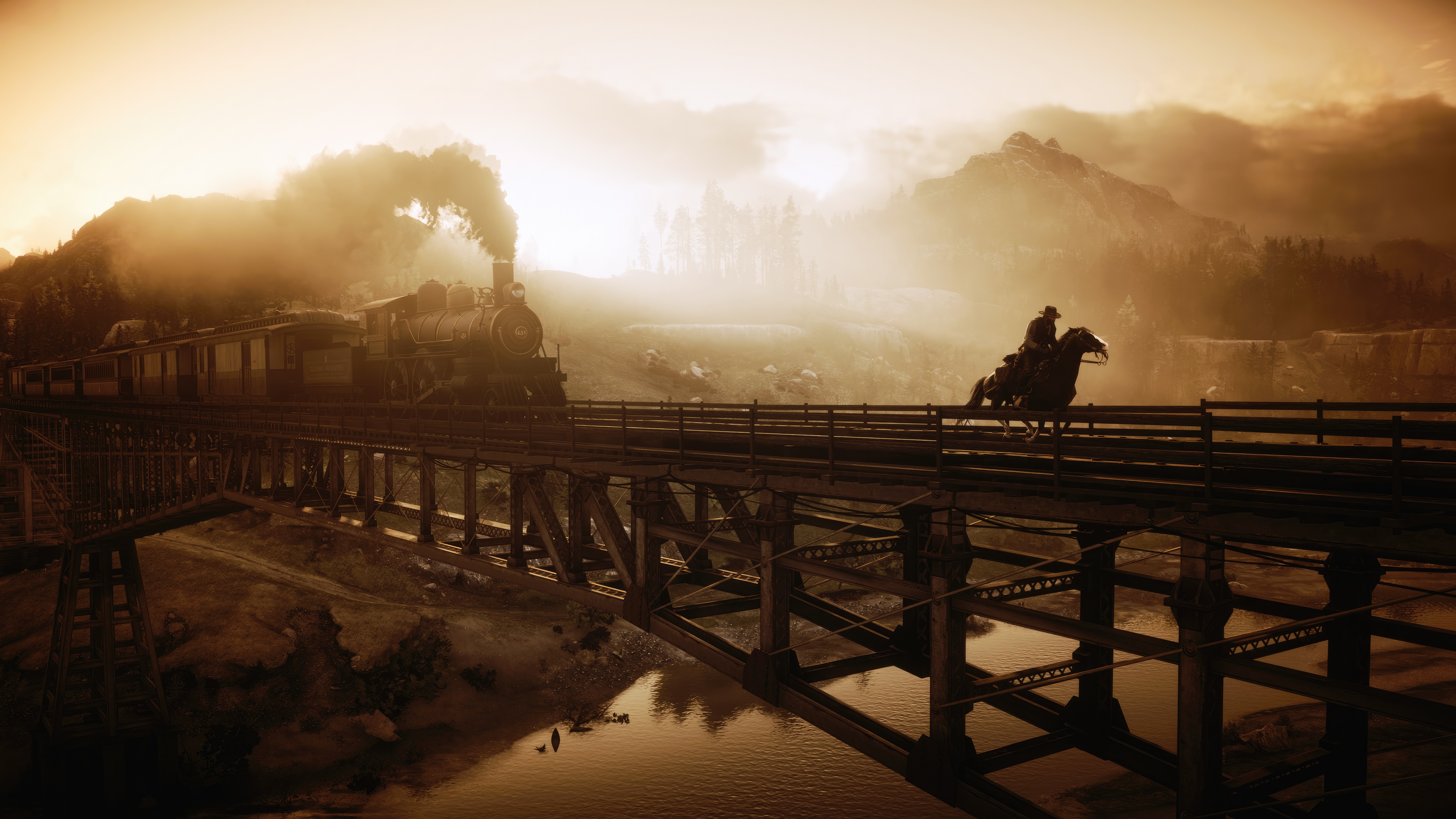 Red Dead Redemption 2 train and cowboy on bridge HD Wallpaper