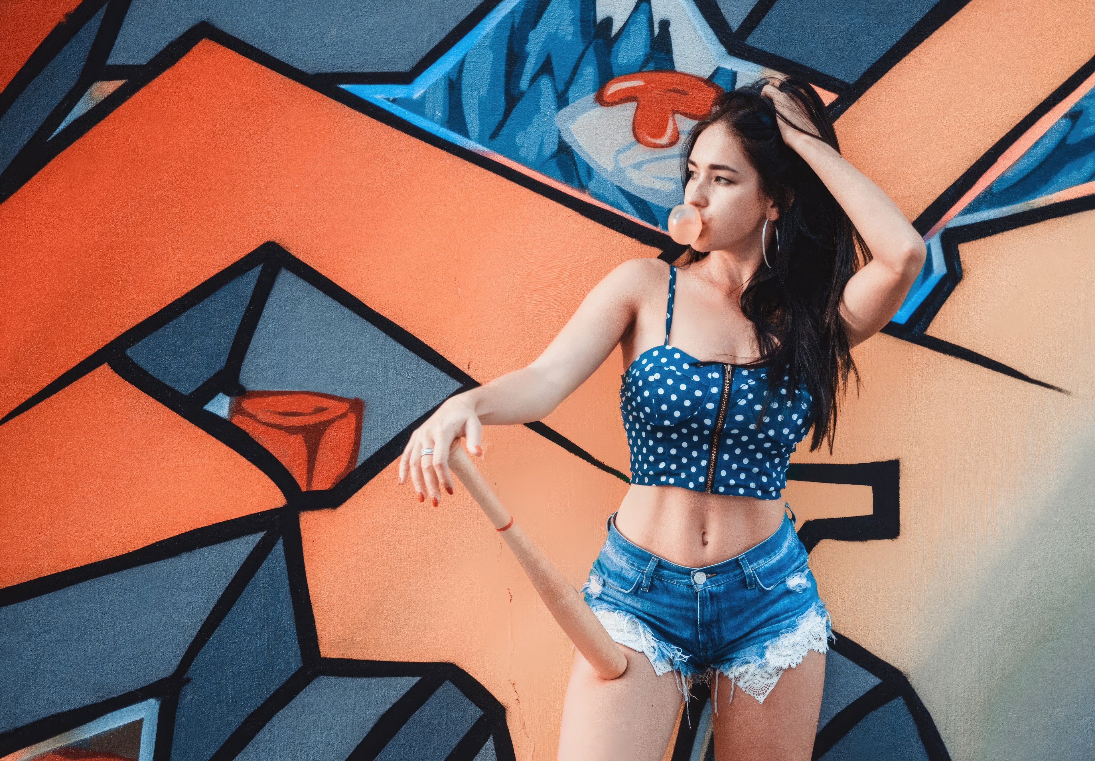 Girl with bubble gum and baseball bat HD Wallpaper