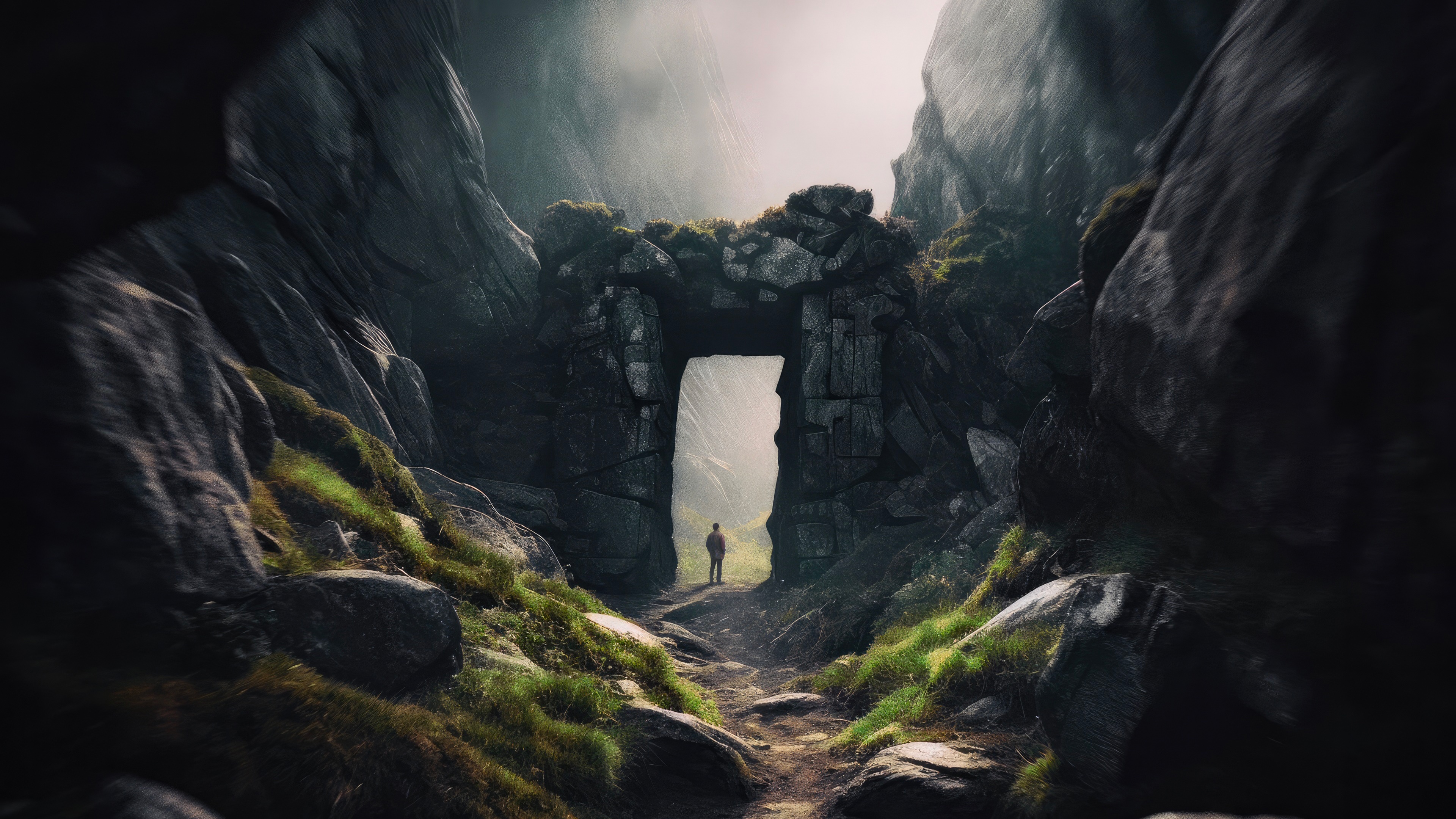 Man standing at ancient stone archway in mountains 4K HD Wallpaper