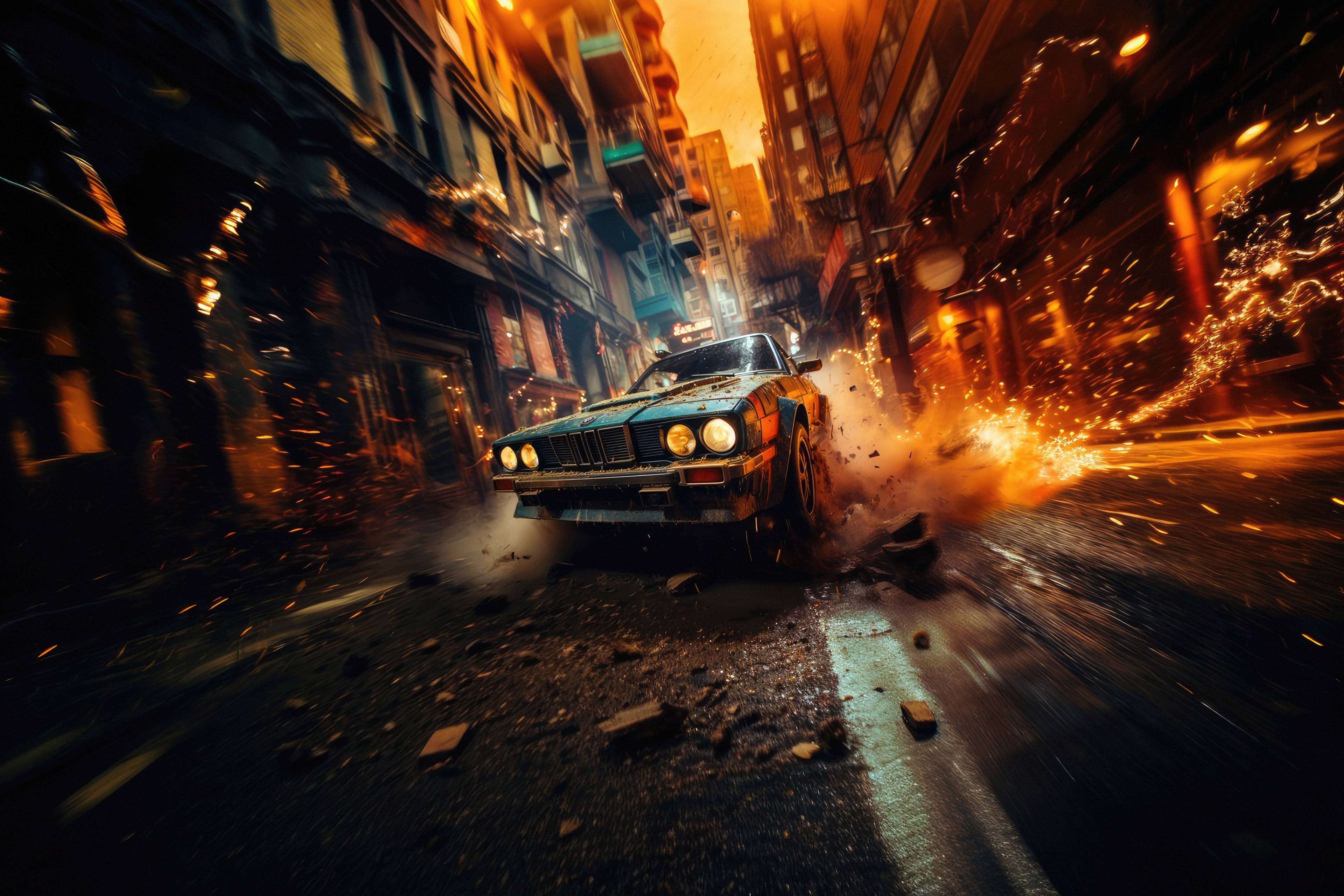 BMW car driving through a burning city street HD Wallpaper