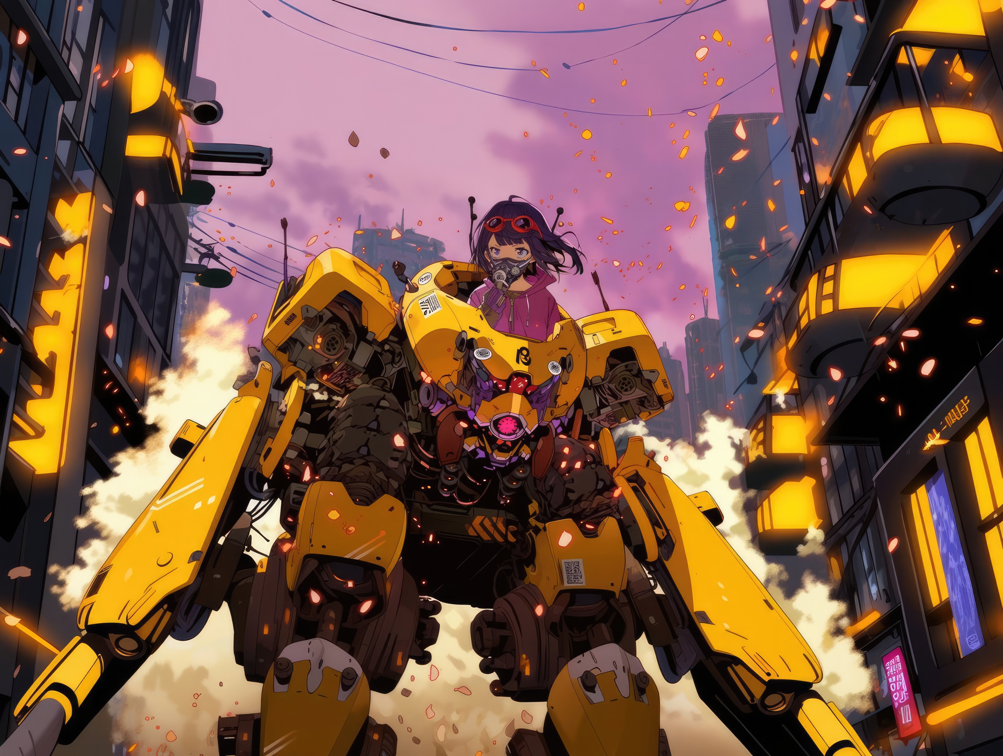 Anime girl in a yellow mech in a city HD Wallpaper
