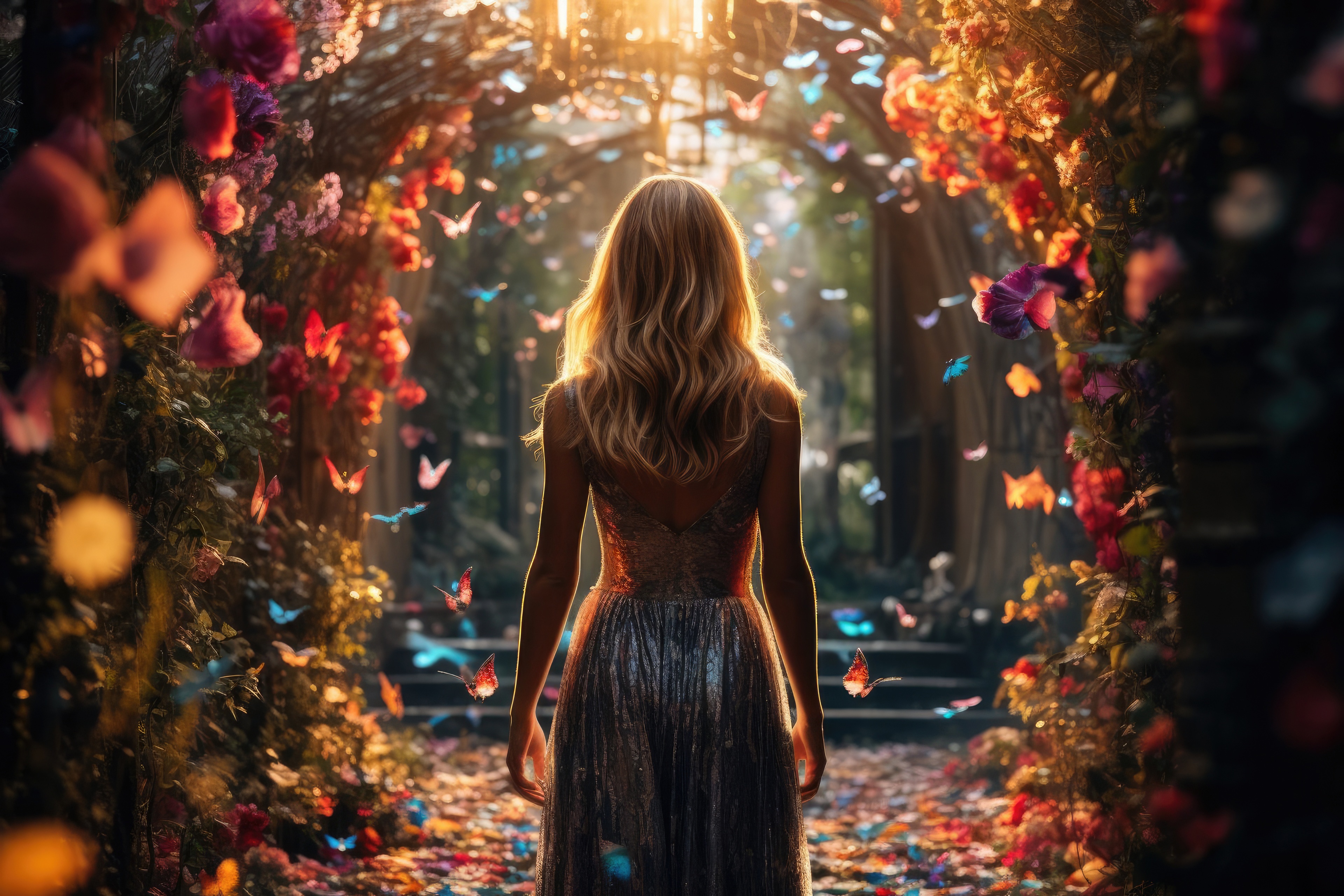 Dreamy Fantasy Artwork of a Girl in a Butterfly Garden HD Wallpaper