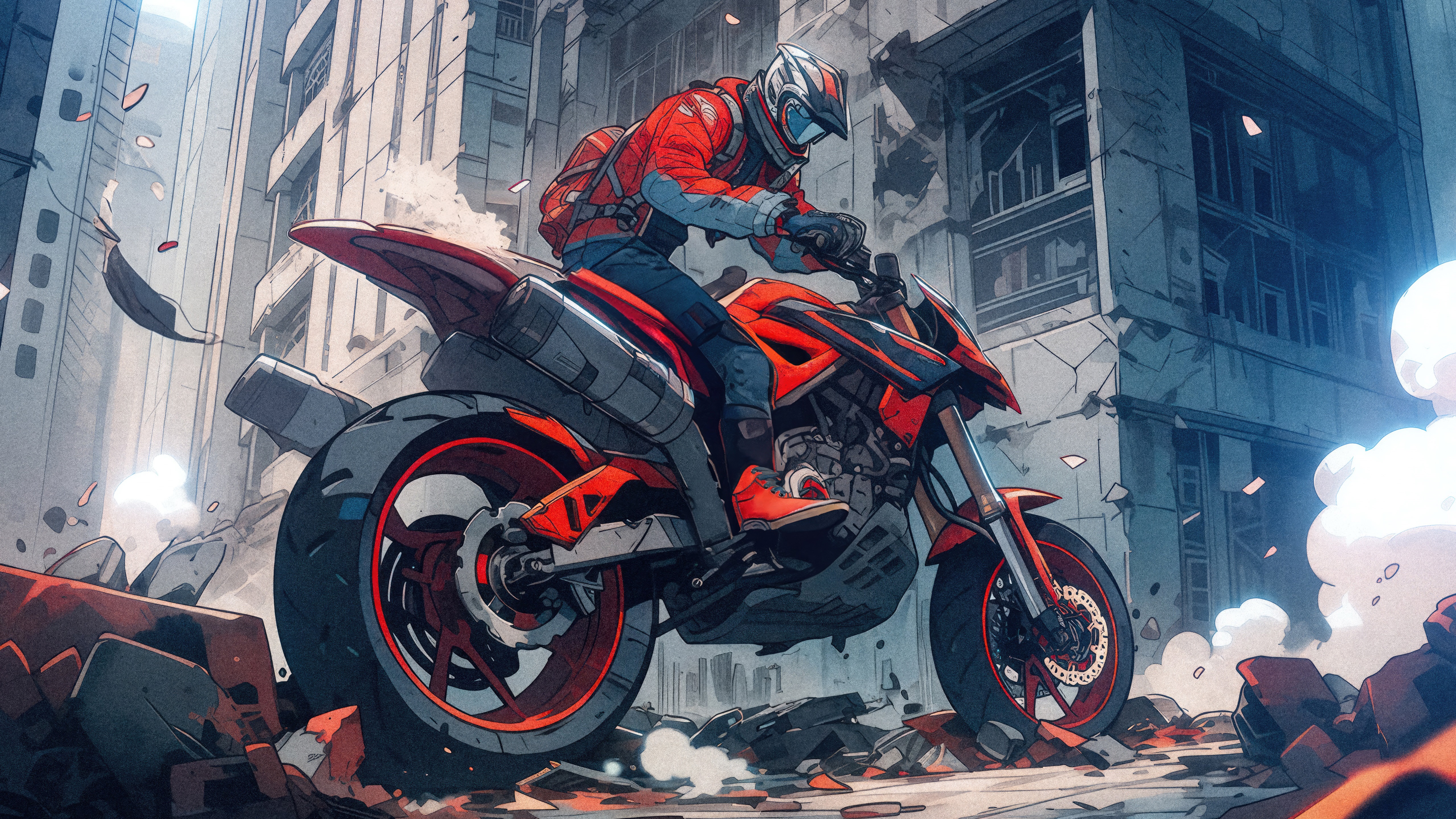 Motorcyclist in a destroyed city HD Wallpaper