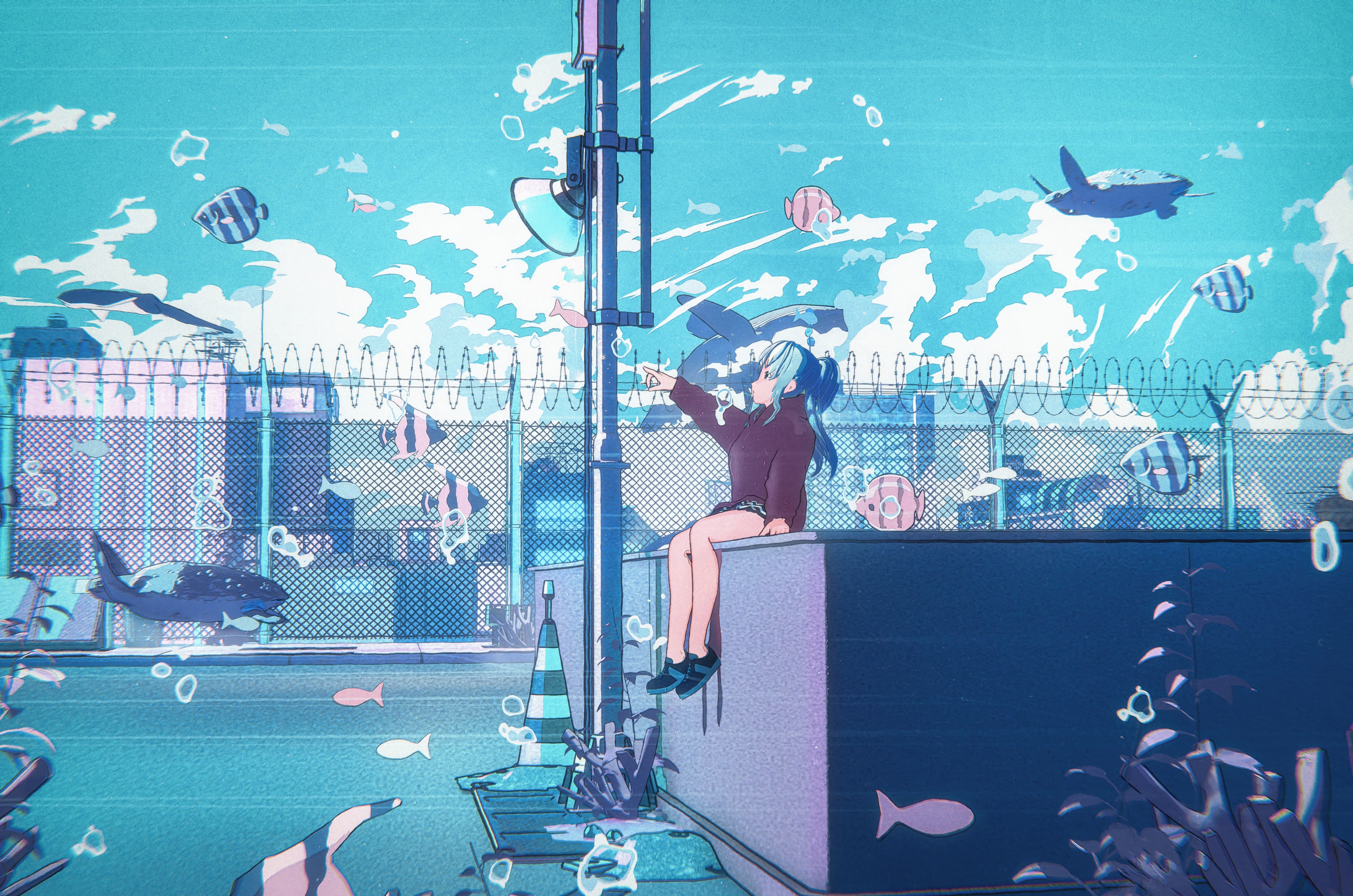 Anime girl sitting by a fence with fish and orcas HD Wallpaper