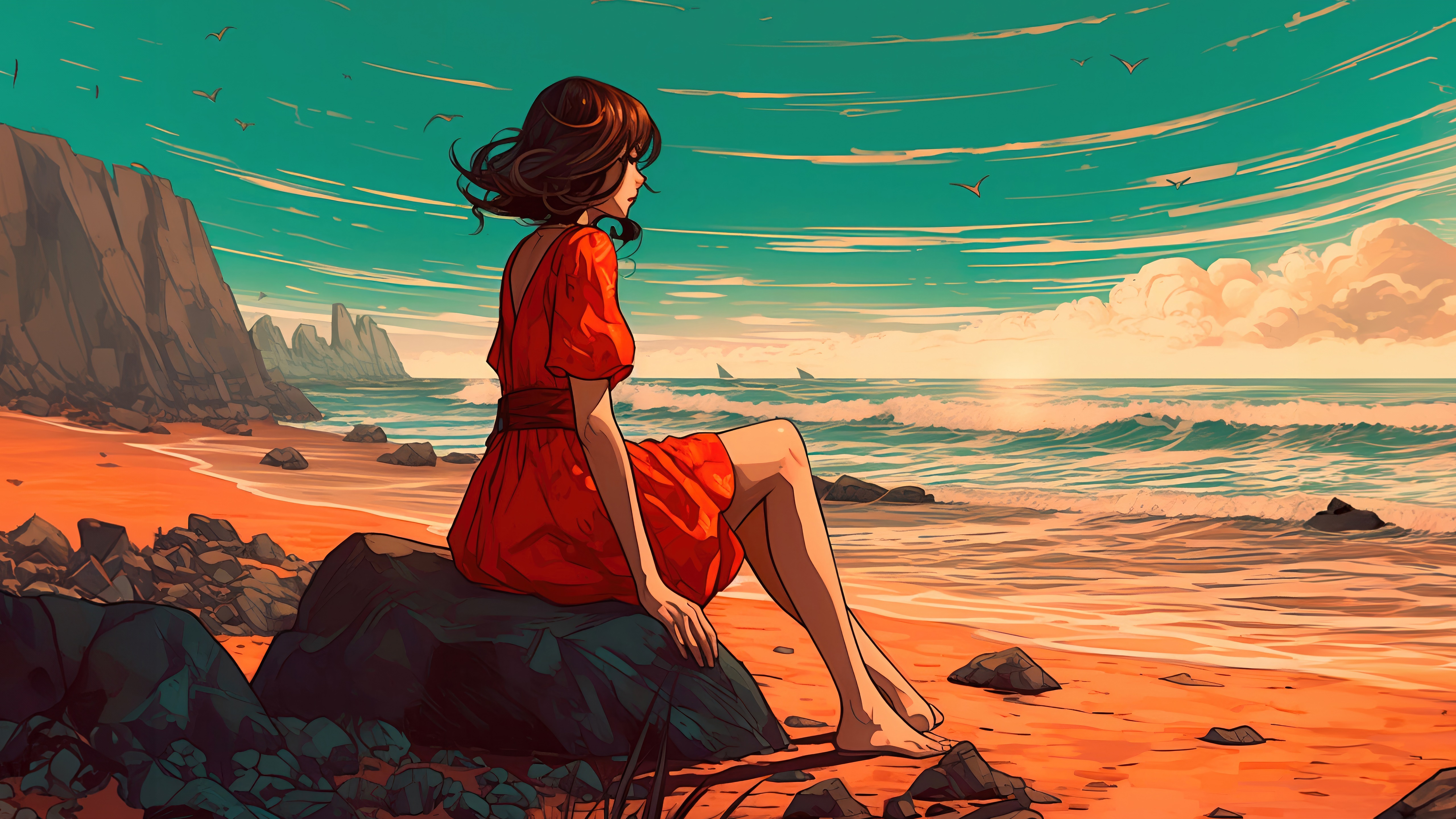 Woman in red dress on beach at sunset HD Wallpaper