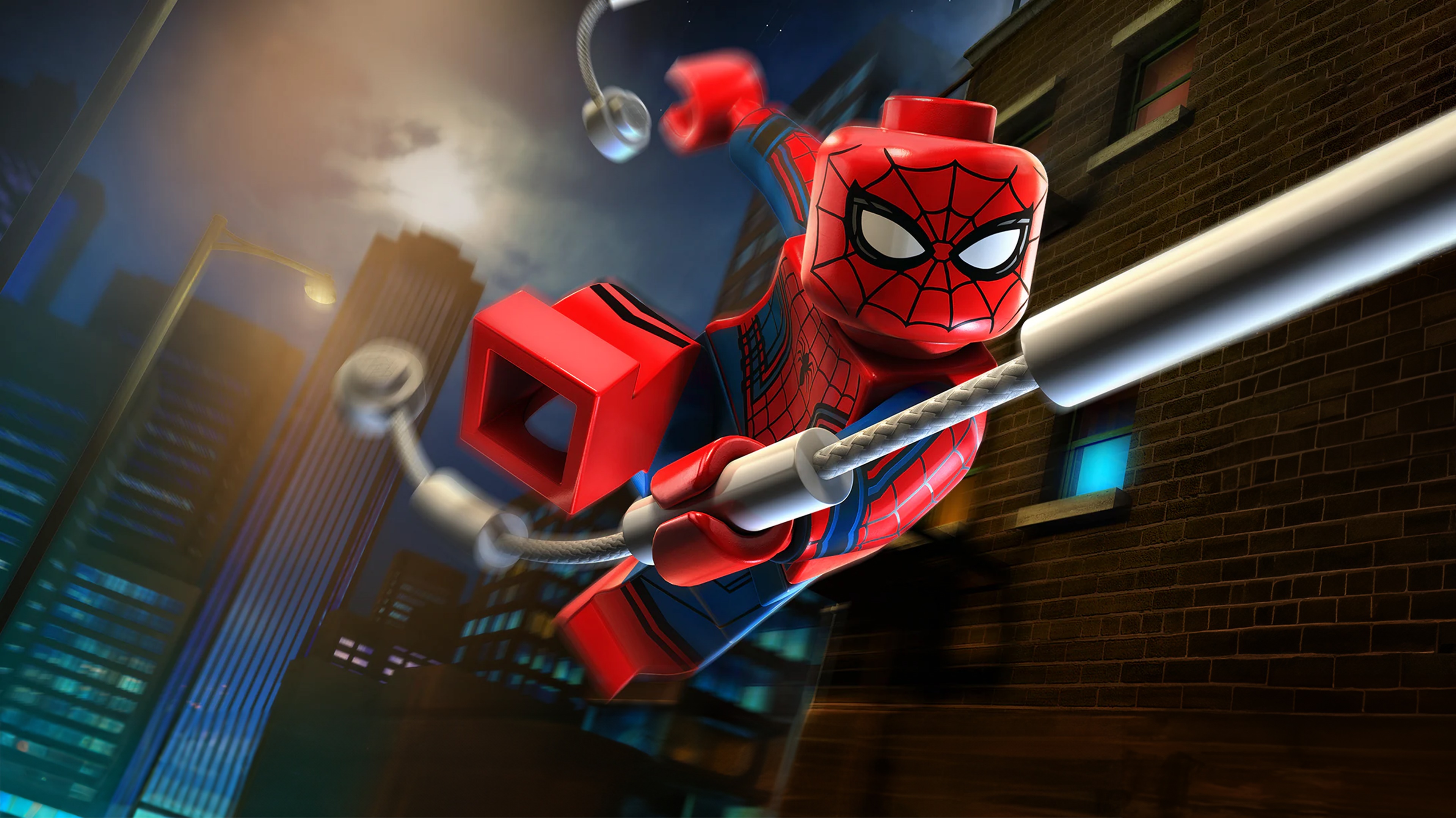Lego Spider-Man swinging through a city at night HD Wallpaper