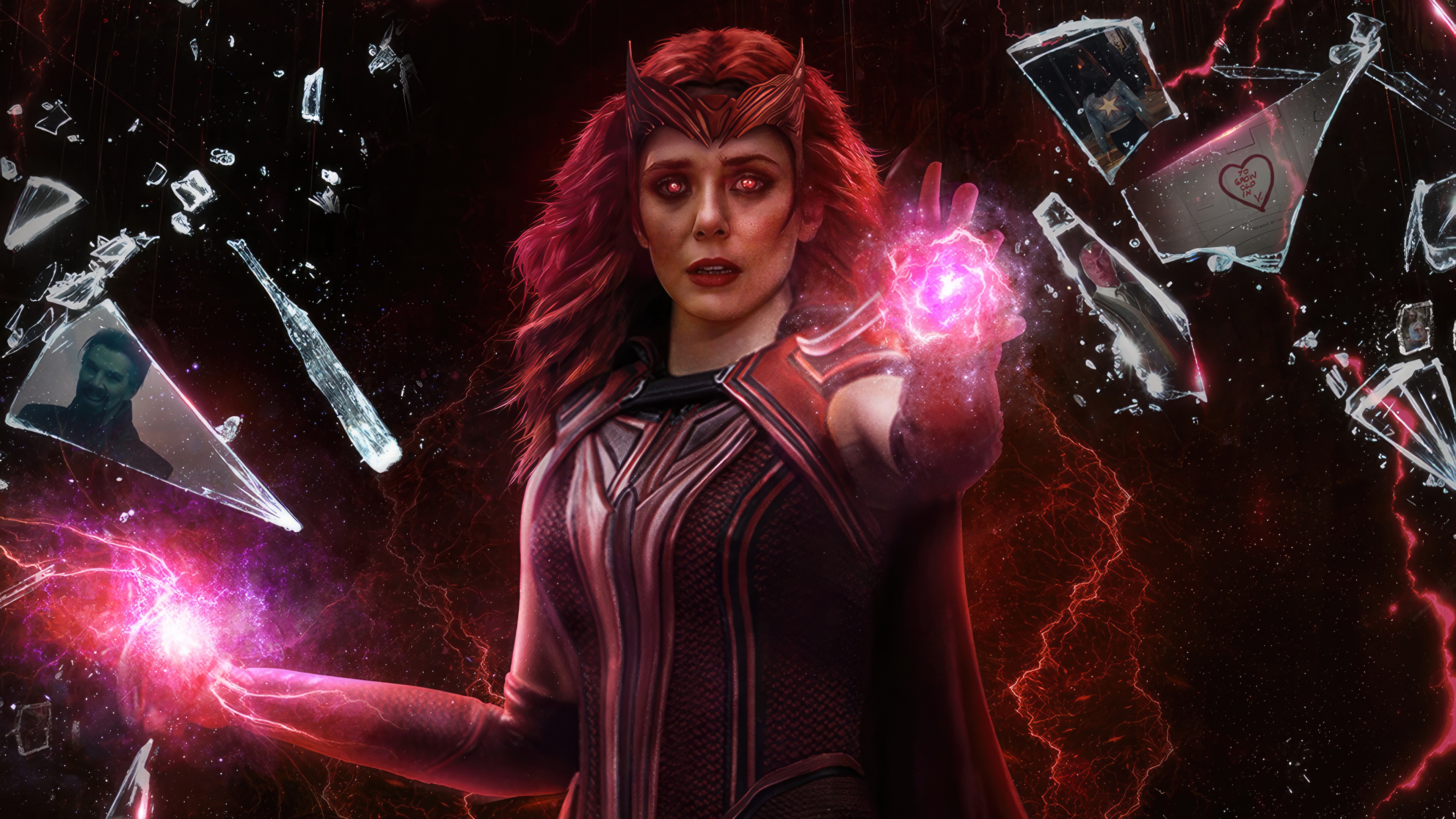 Scarlet Witch with magical energy and broken glass HD Wallpaper