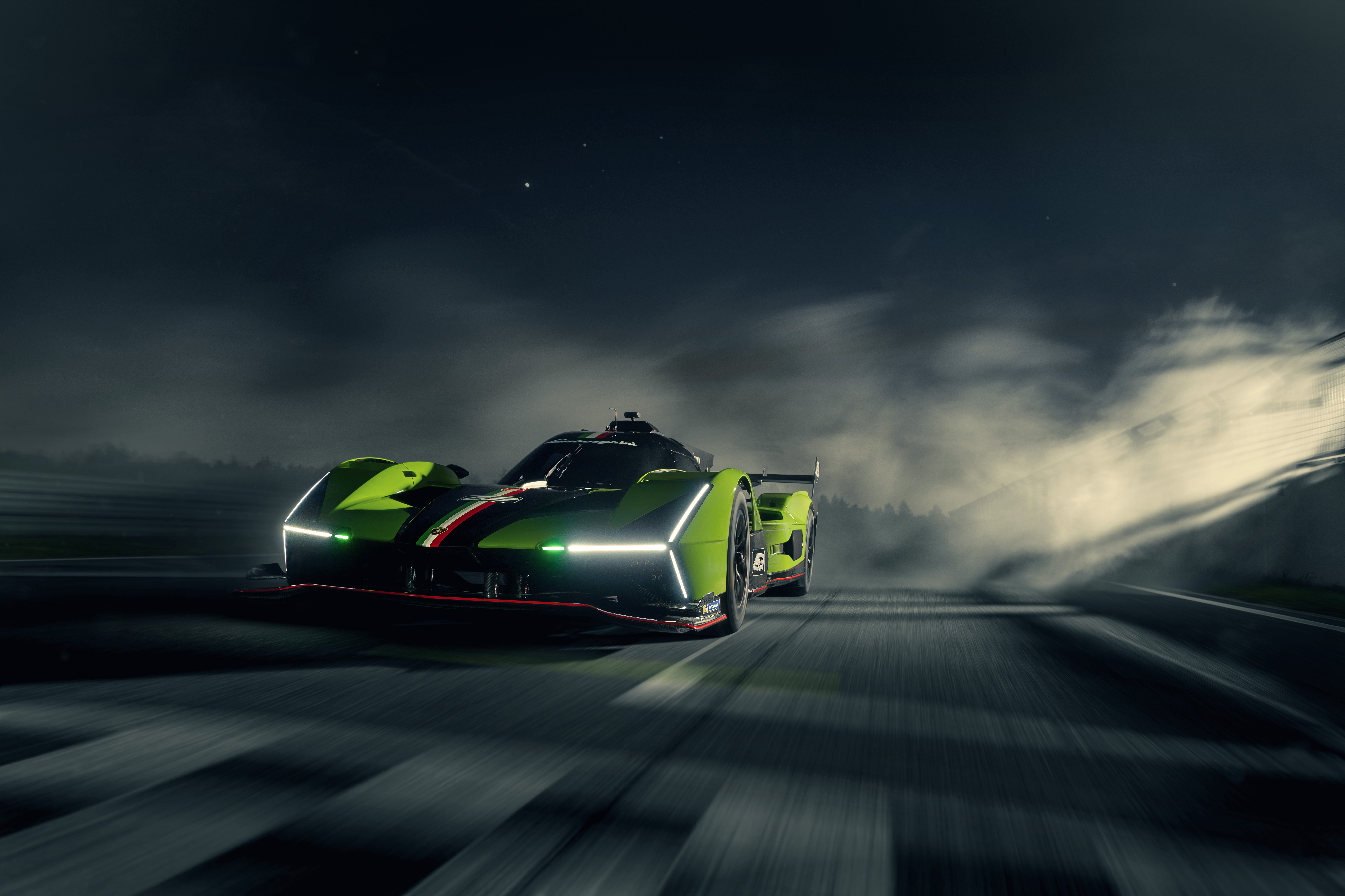 Lamborghini SC63 racing car on a track at night HD Wallpaper