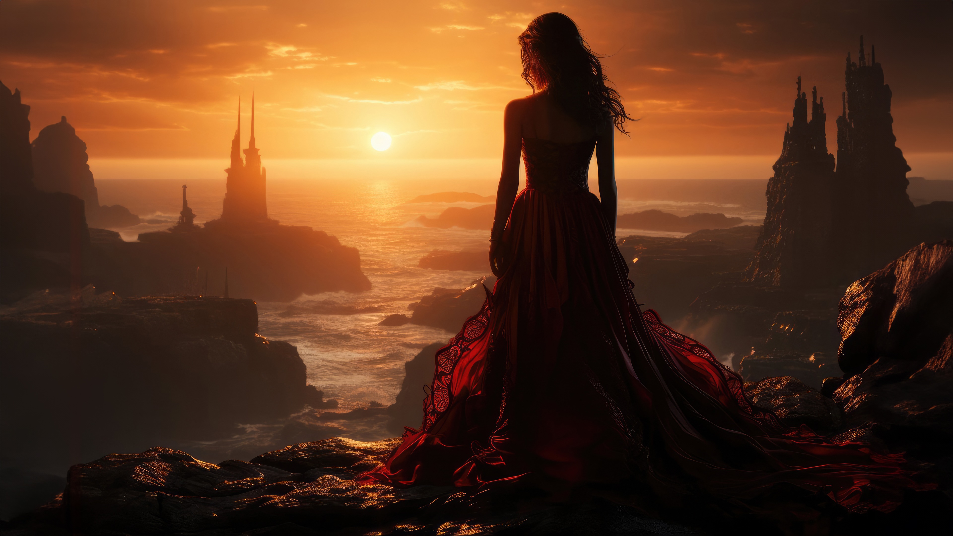 Woman in red dress overlooking ocean at sunset with castles HD Wallpaper