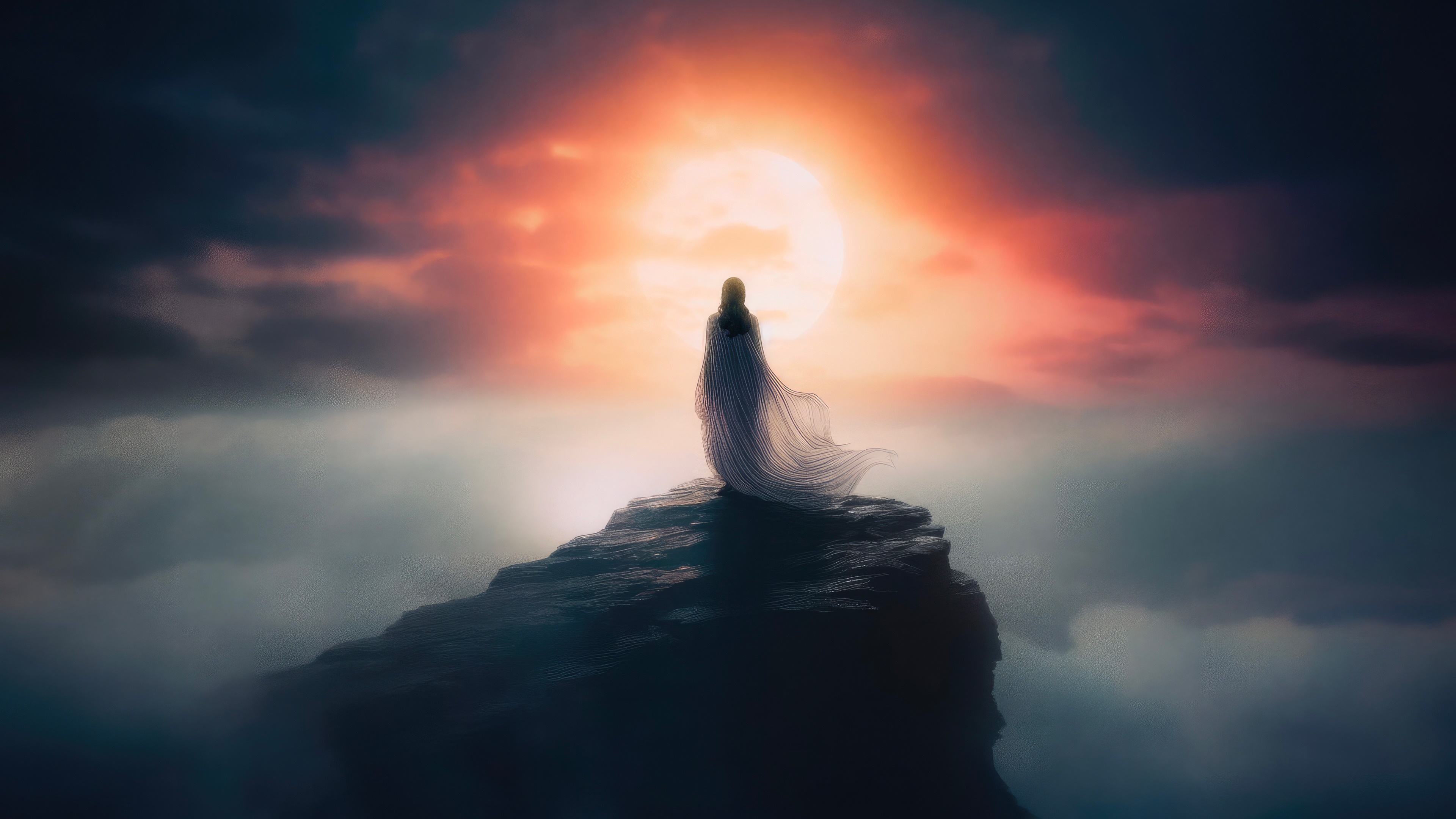 Artwork of a figure on a cliff at sunset 4K HD Wallpaper