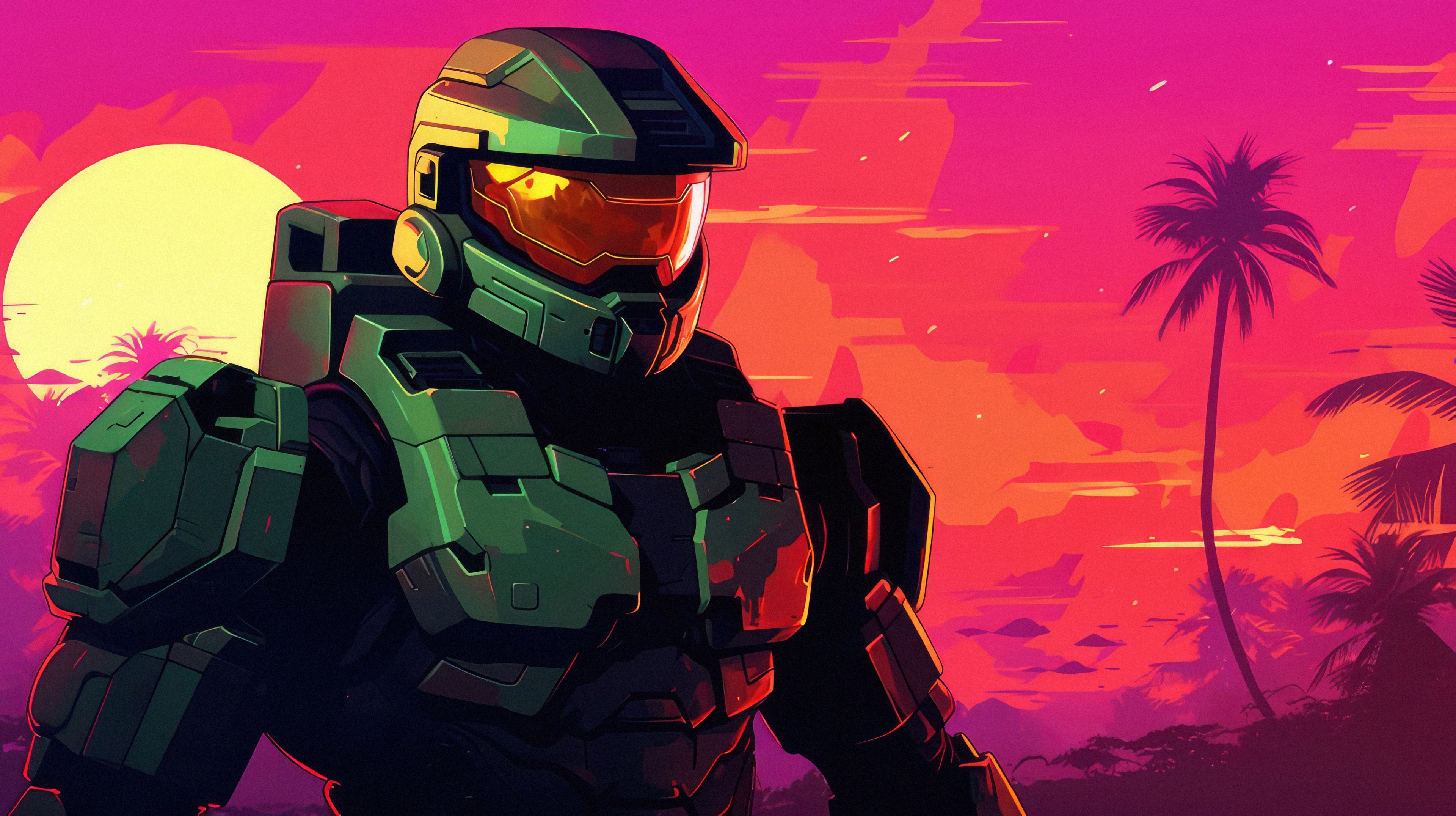 Master Chief in a retro sunset landscape HD Wallpaper